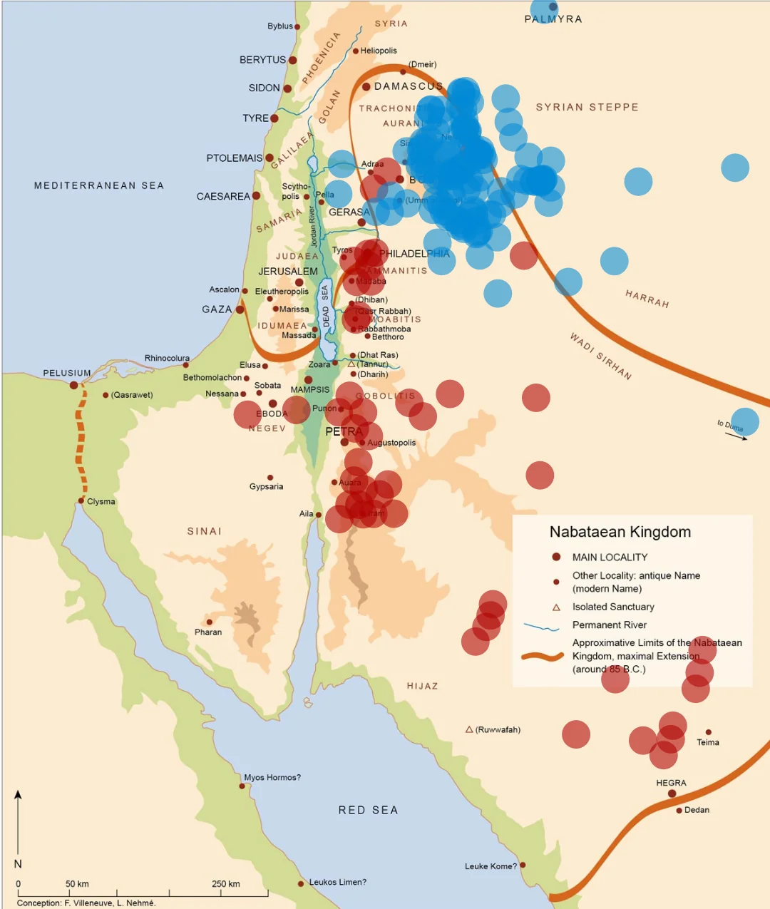 Distribution of Old Arabic inscriptions: Safaitic (Blue) and Hismaic (Red) overlapped with the borders of the Nabatean Kingdom