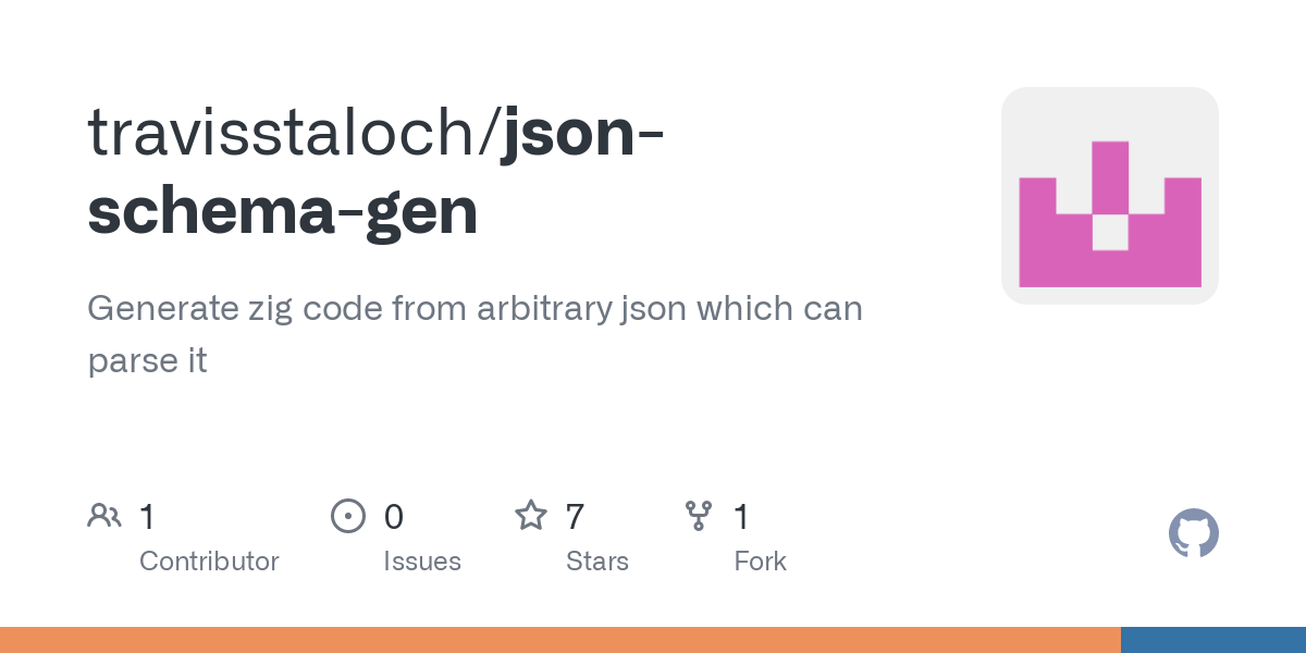 GitHub - travisstaloch/json-schema-gen: Generate zig code from arbitrary json which can parse it