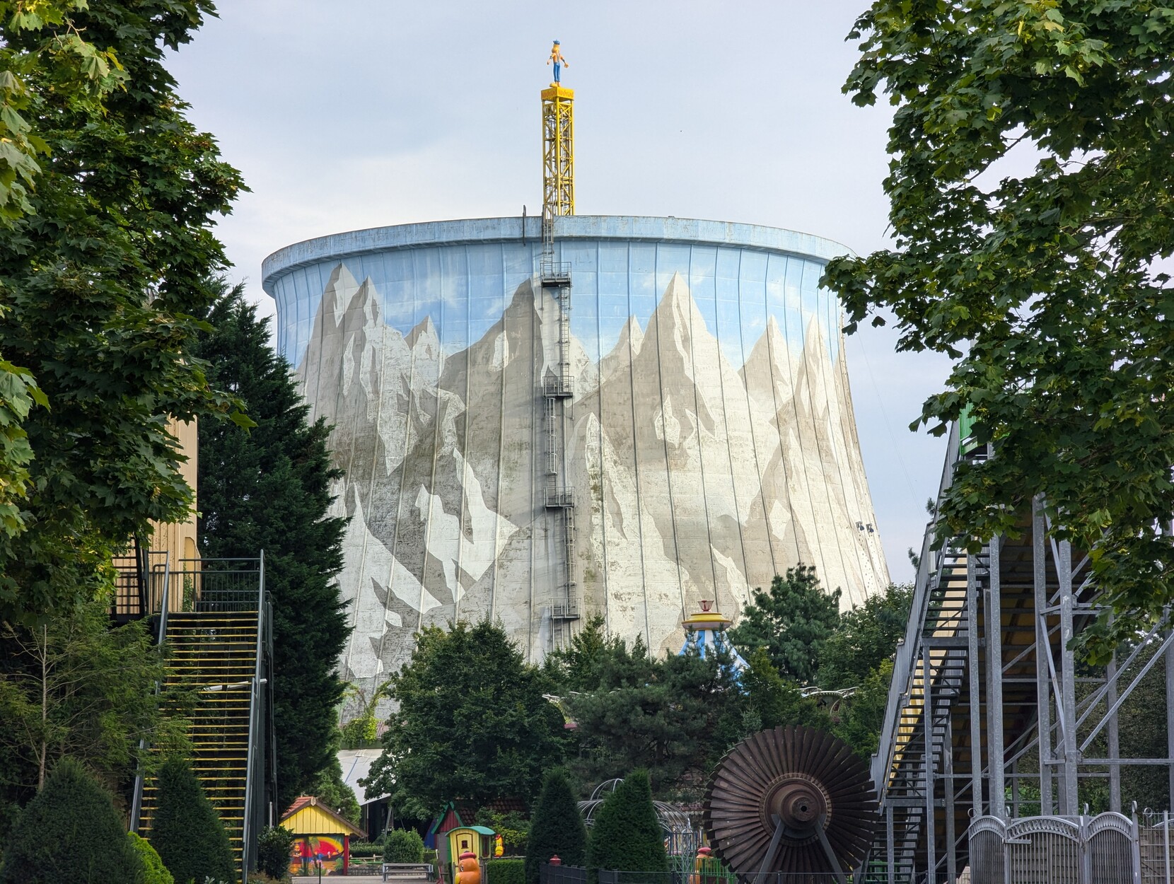 The exterior of the cooling tower, which now has a free-climbing installation.