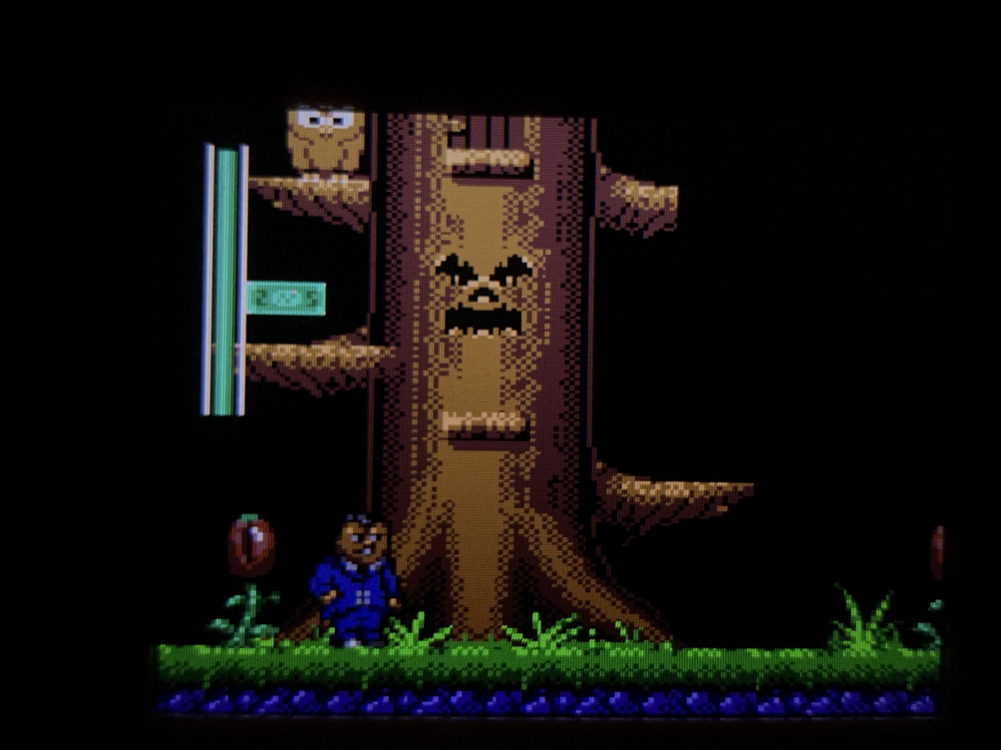 An 8-bit video game scene features a character standing in front of a large tree with an expressive face. An owl is perched on a branch above, and there is a flower and some grass in the foreground, with a small amount of water visible