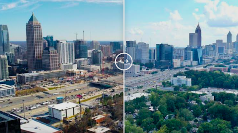 A before after comparison of midtown and downtown skylines in Atlanta under blue skies and next to a large interstate highway.