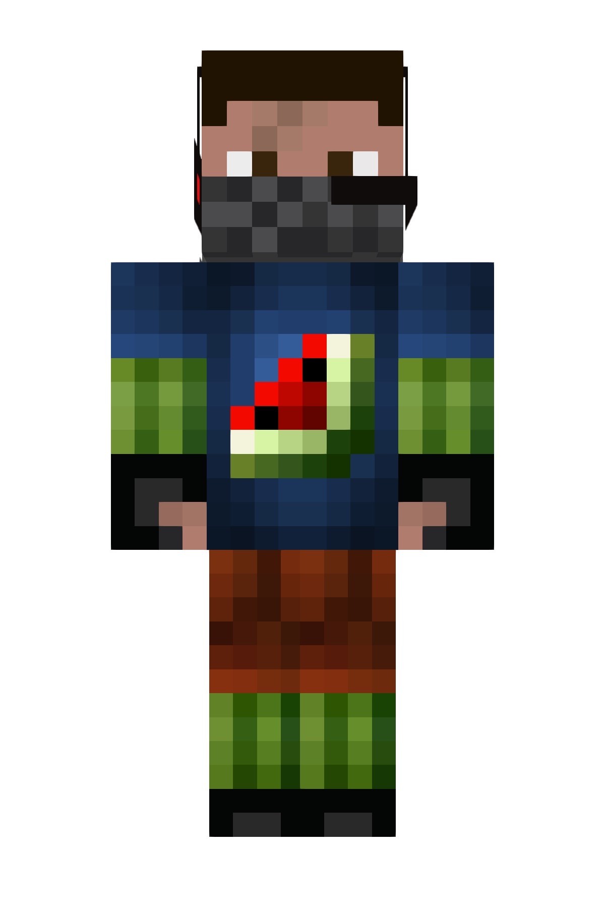 A pixelated character wearing a blue shirt with a watermelon design, brown pants, and a black mask. The character has a short brown hairstyle and a green and black pixelated pattern on the sleeves.