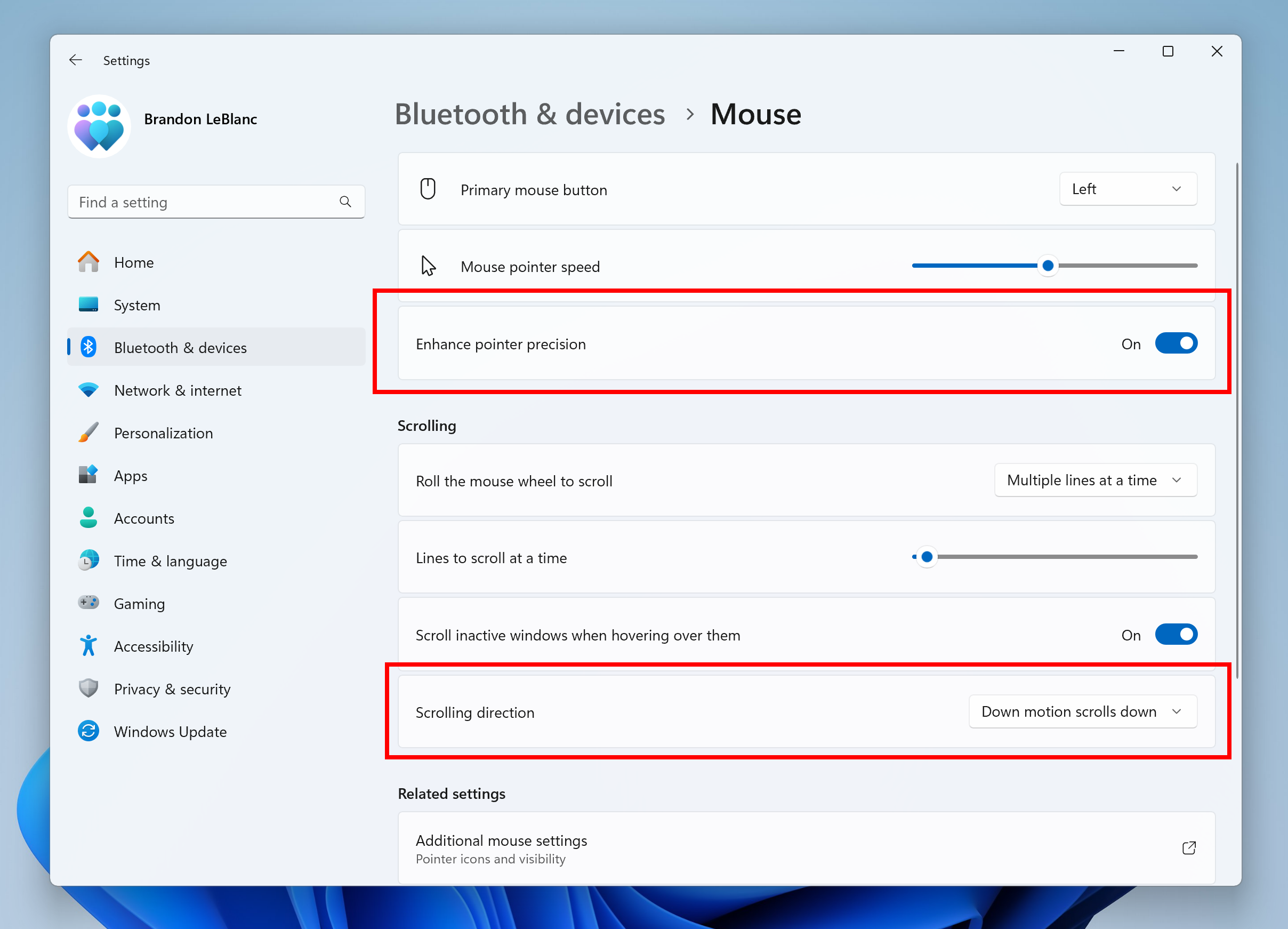 New toggles for enhanced mouse pointer precision changing mouse scrolling direction highlighted in red boxes.