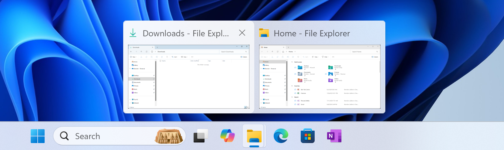 Updated taskbar previews shown for two open File Explorer windows.