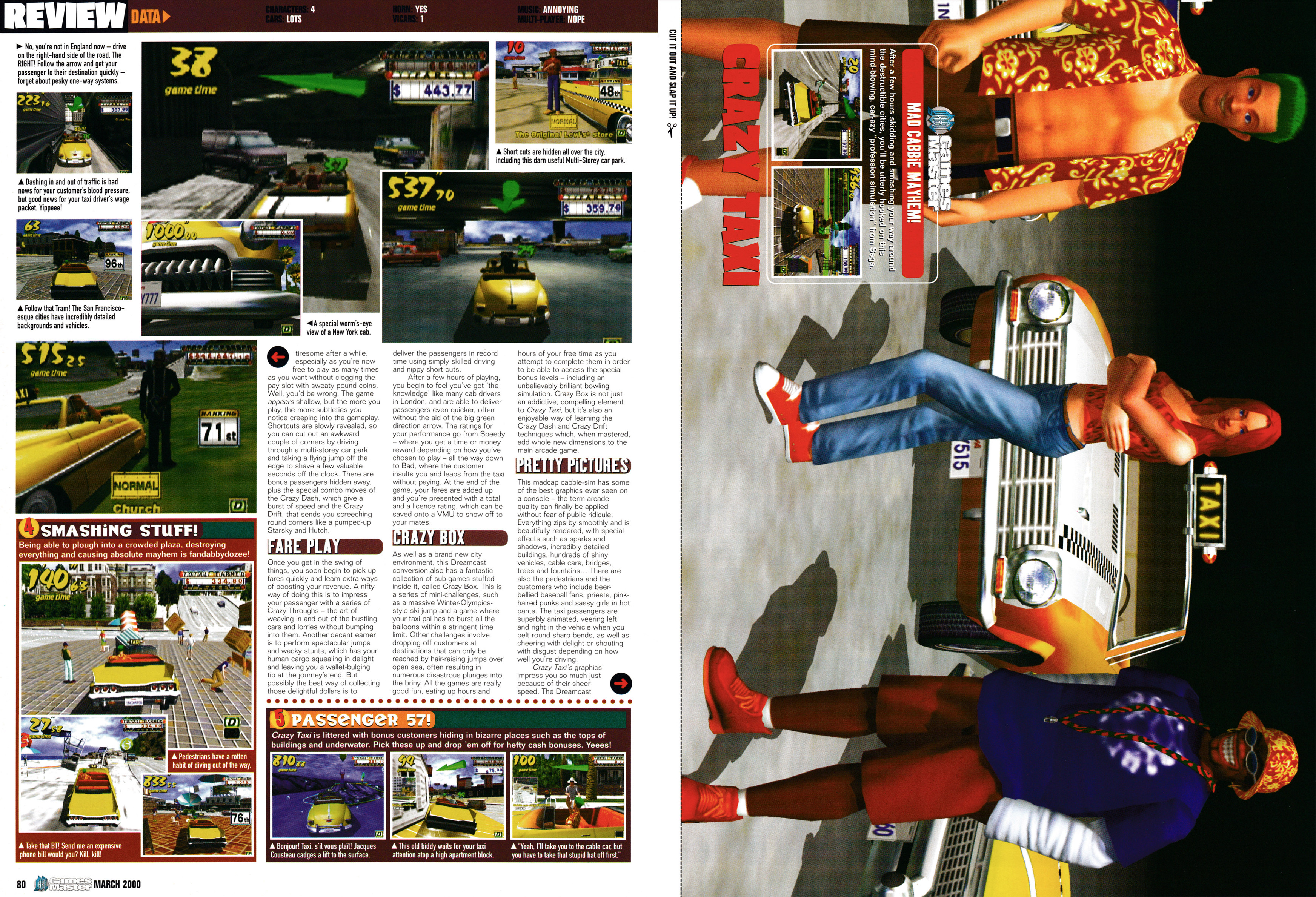 Review for Crazy Taxi on Dreamcast. Taken from GamesMaster 92 - March 2000 (UK)  score: 90%