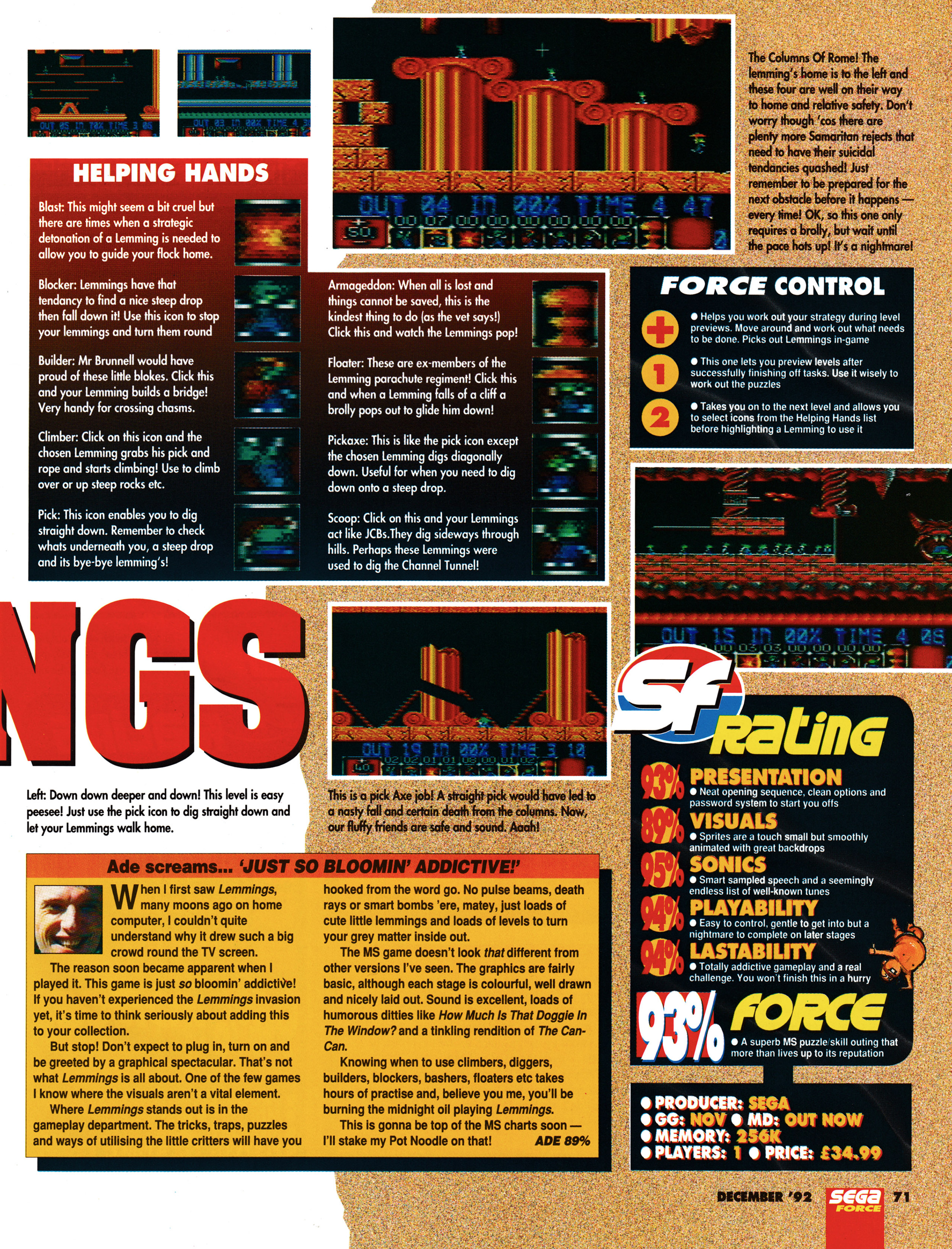 Review for Lemmings on Sega Master System. Taken from Sega Force 12 - December 1992 (UK)  score: 93%