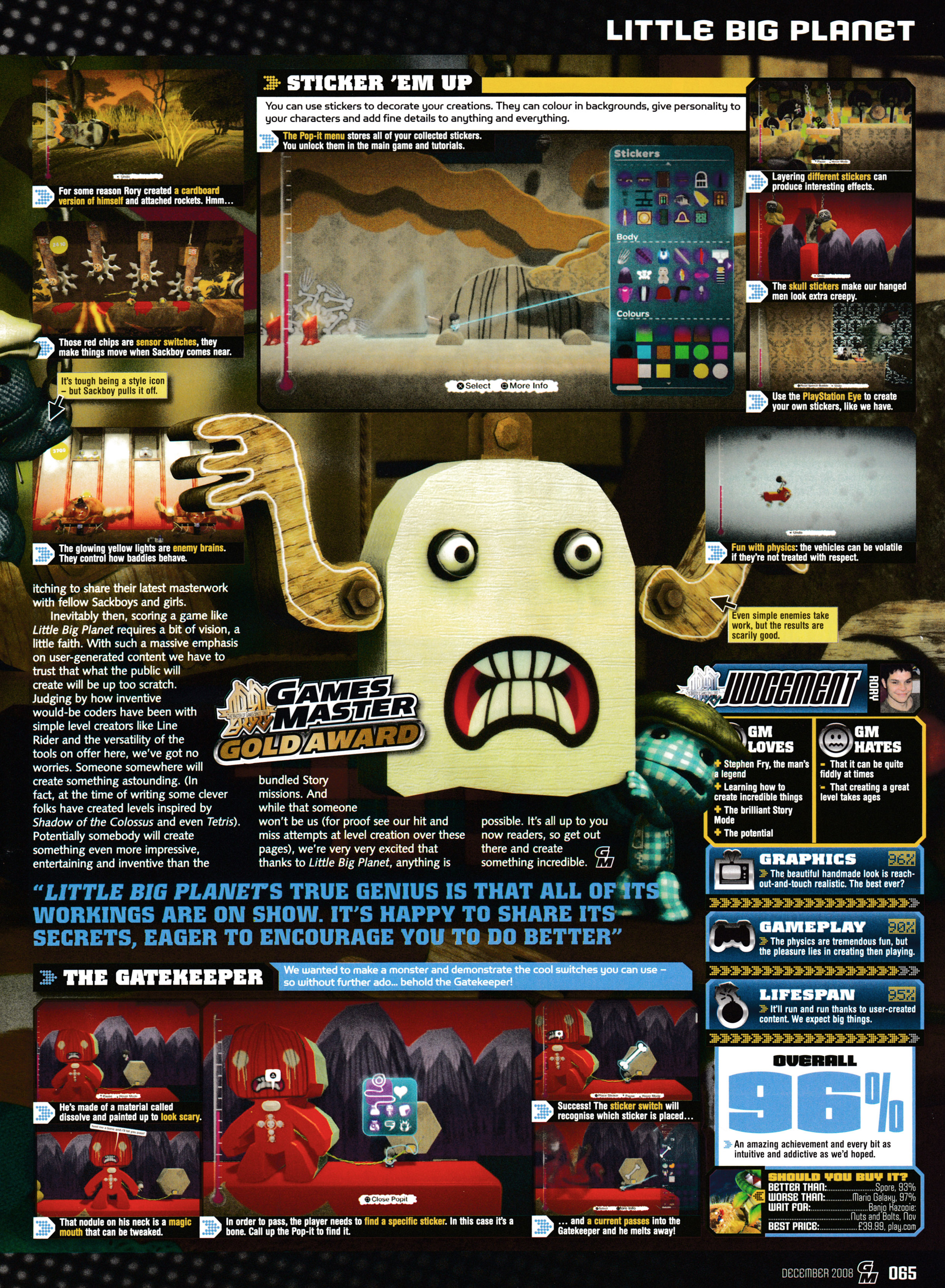 Review for LittleBigPlanet on PS3. Taken from GamesMaster 205 - December 2008 (UK)    score: 96%