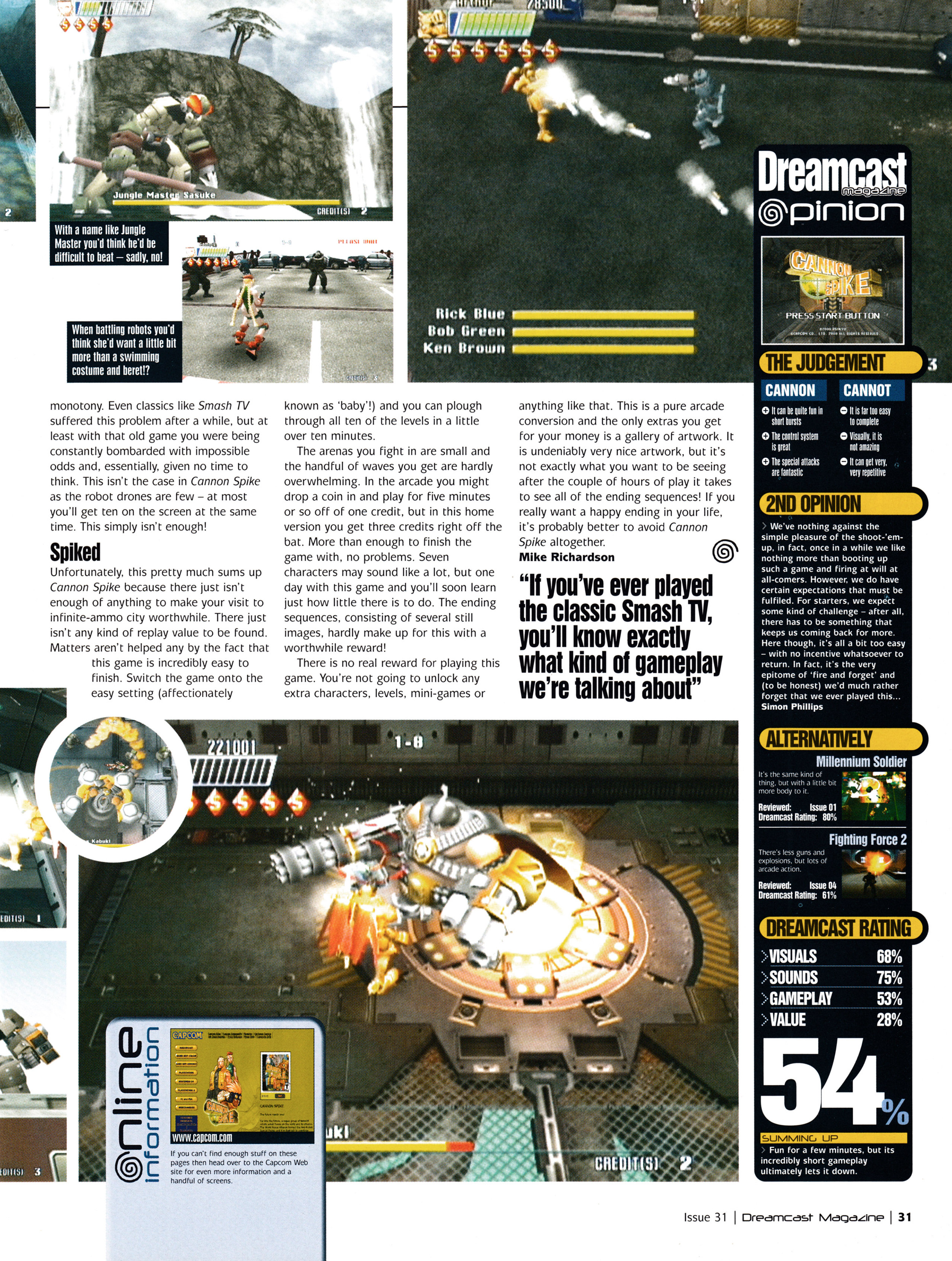 Review for Cannon Spike on Dreamcast. Taken from Dreamcast Magazine 31 - January 2001 (UK)  score: 54%