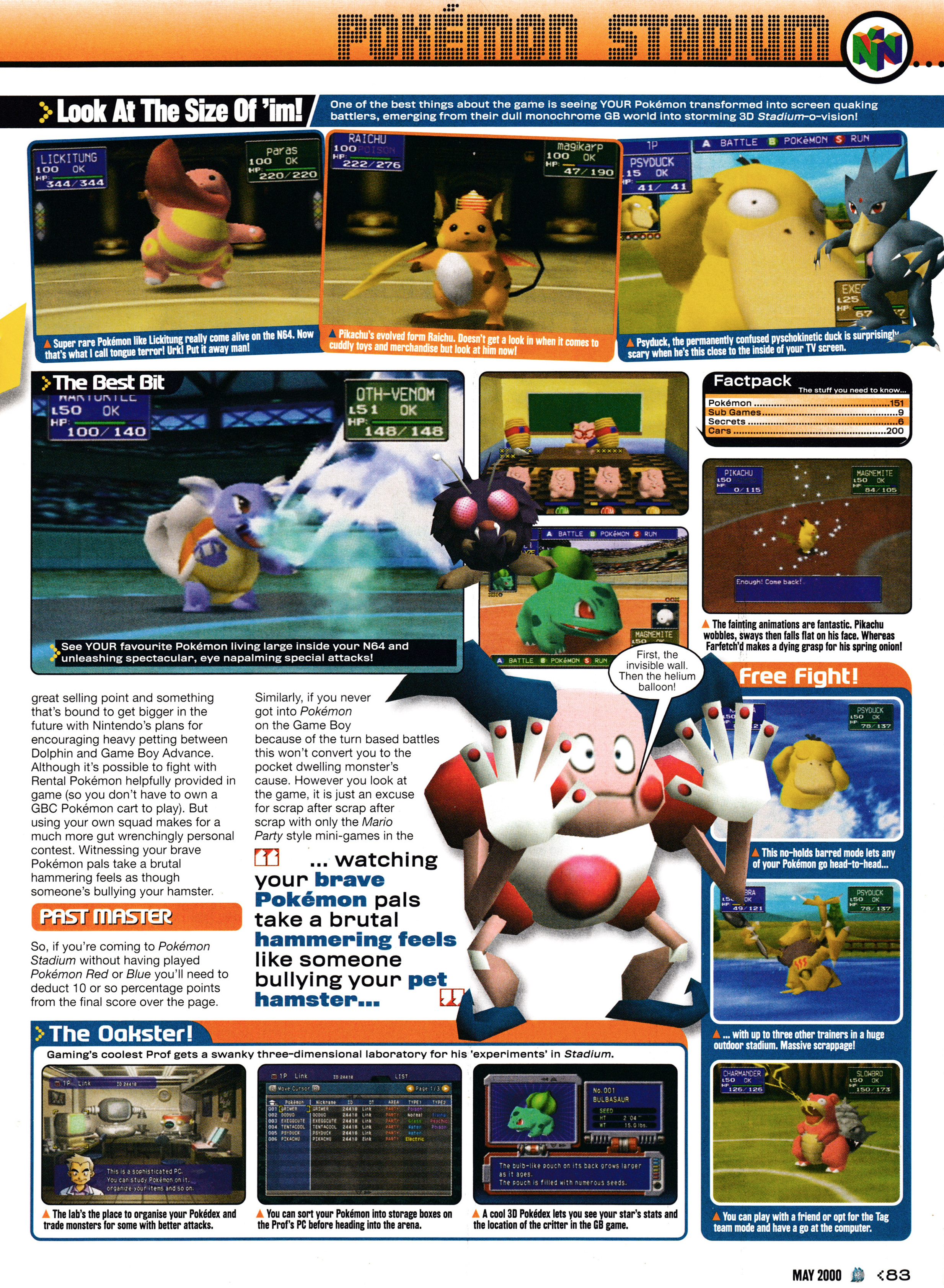 Review for Pomémon Stadium on Nintendo 64. Taken from GamesMaster 94 - May 2000 (UK)   score: 88%