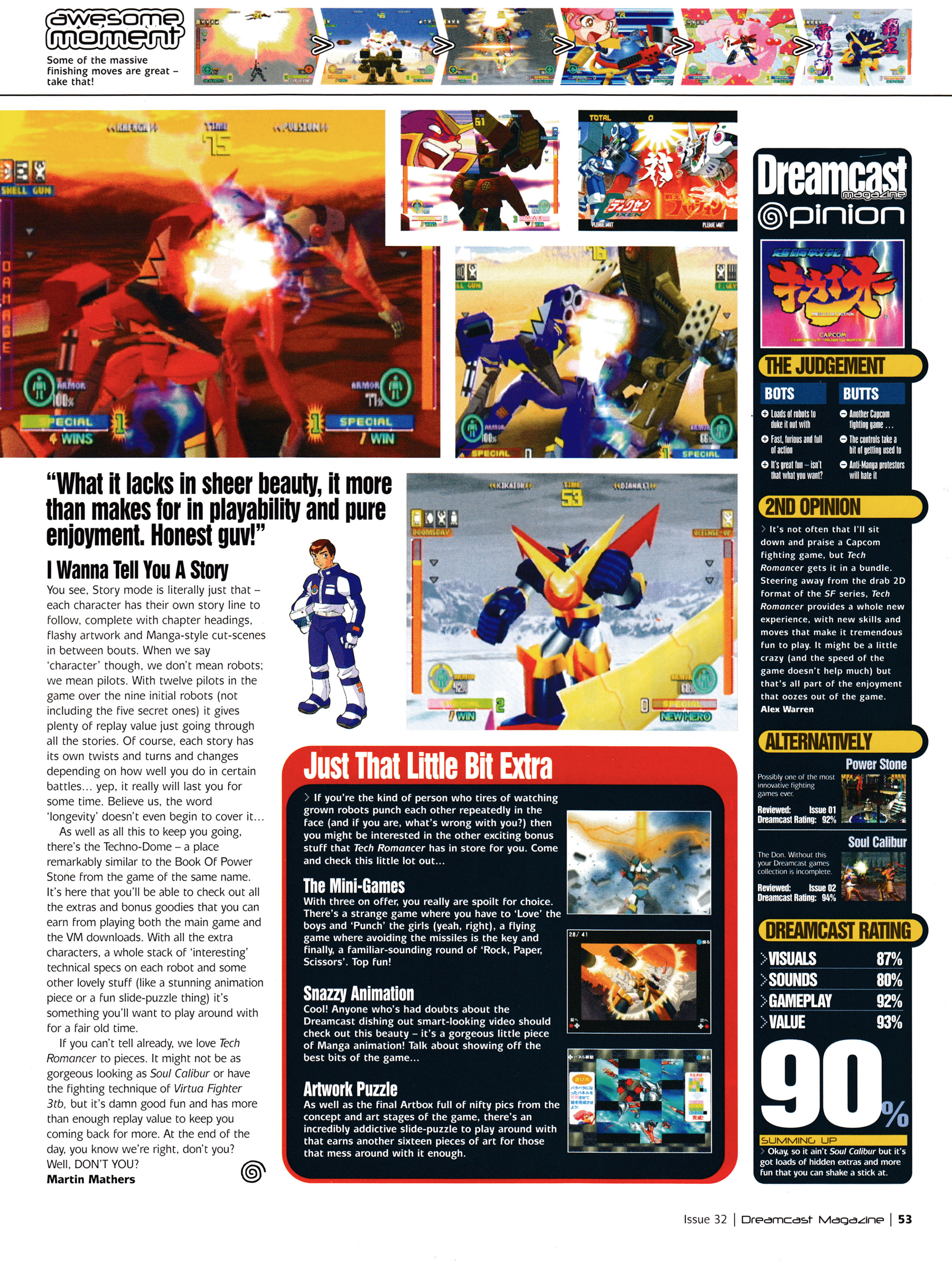 Review for Tech Romancer on Dreamcast. Taken from Dreamcast Magazine 32 - February 2001 (UK)  score: 90%