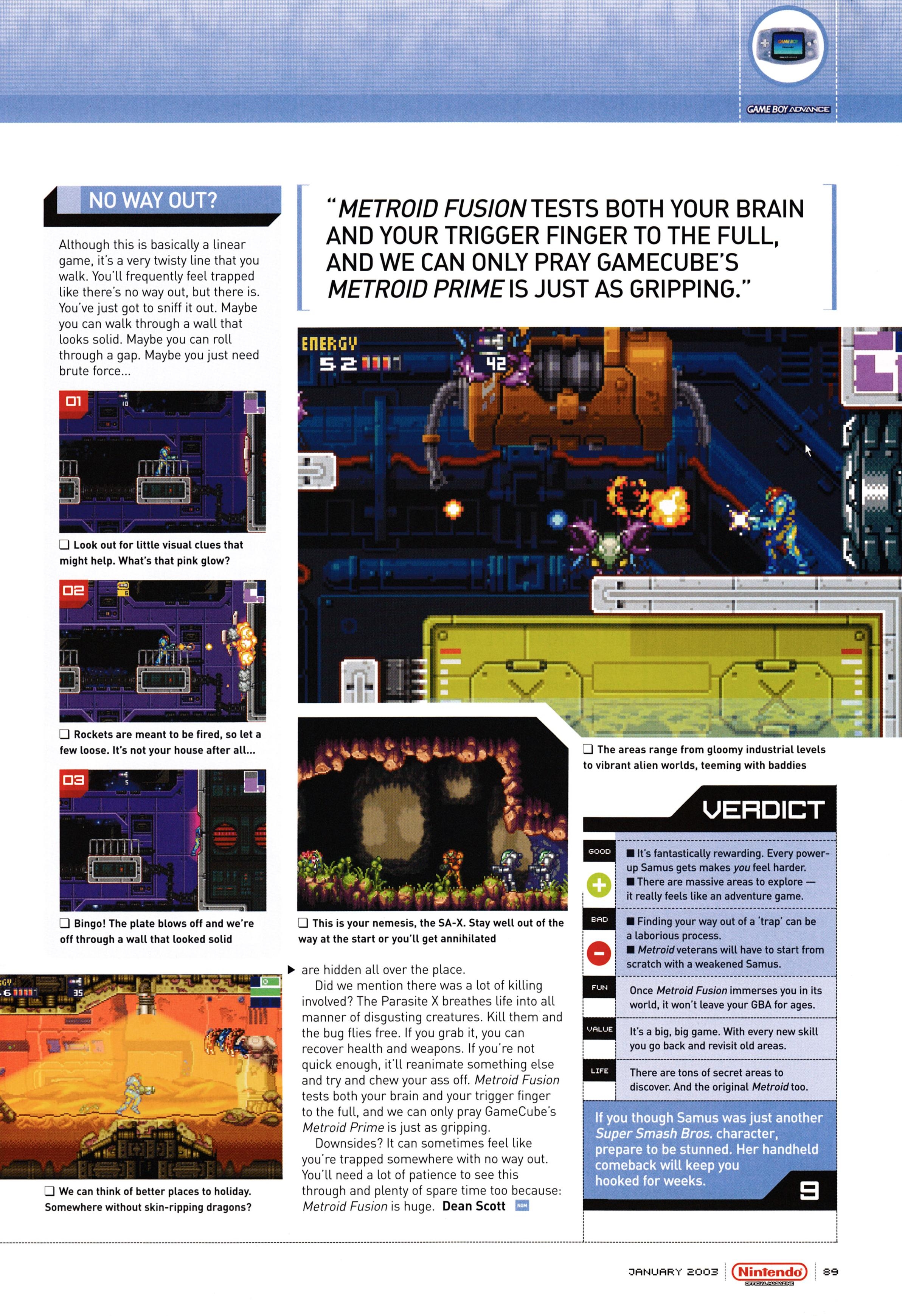 Review for Metroid Fusion on Game Boy Advance. Taken from Nintendo Official Magazine 124 - January 2003 (UK)  score: 9/10