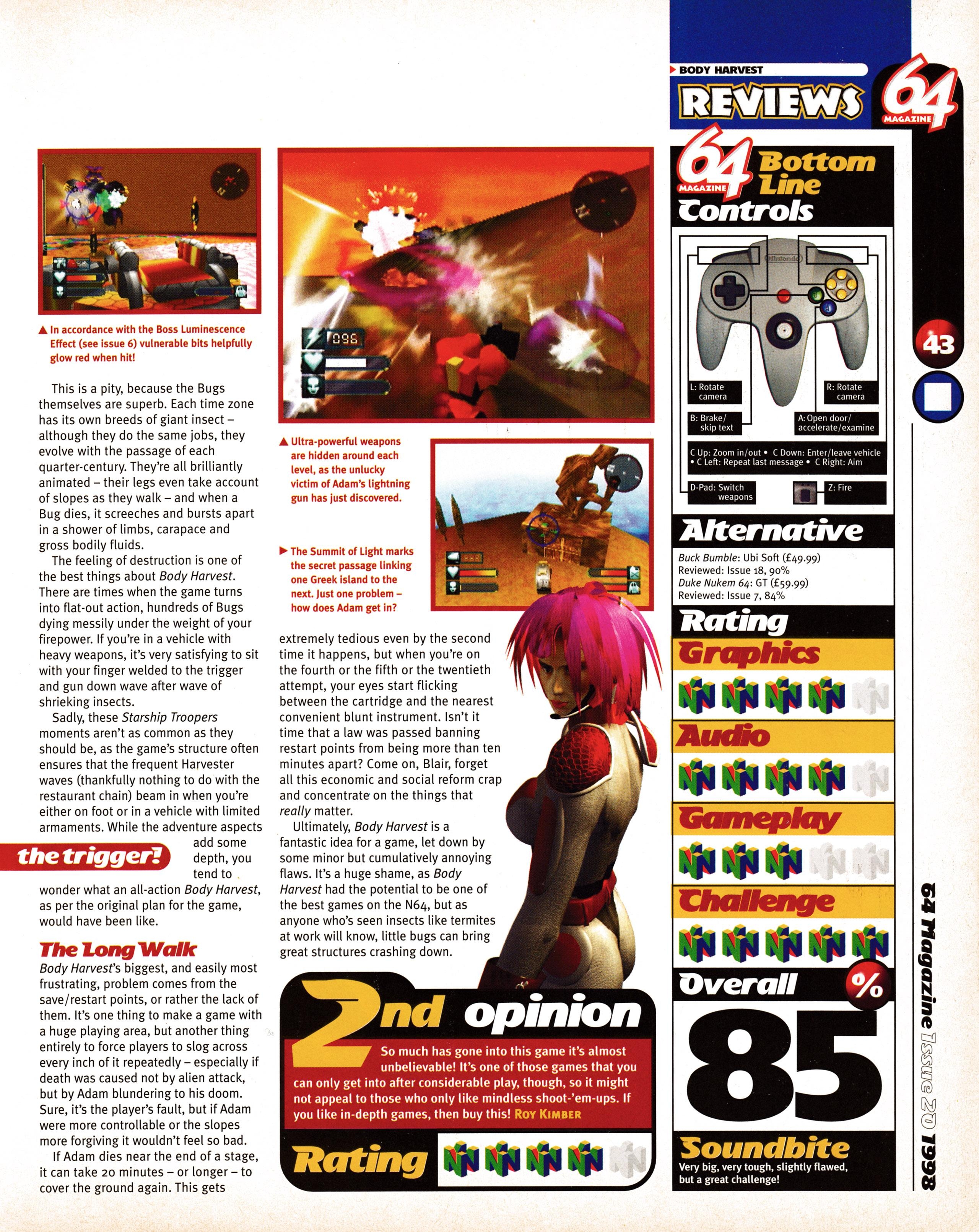 Review for Body Harvest on Nintendo 64 from 64 Magazine 20 - December 1998 (UK)  score: 85%