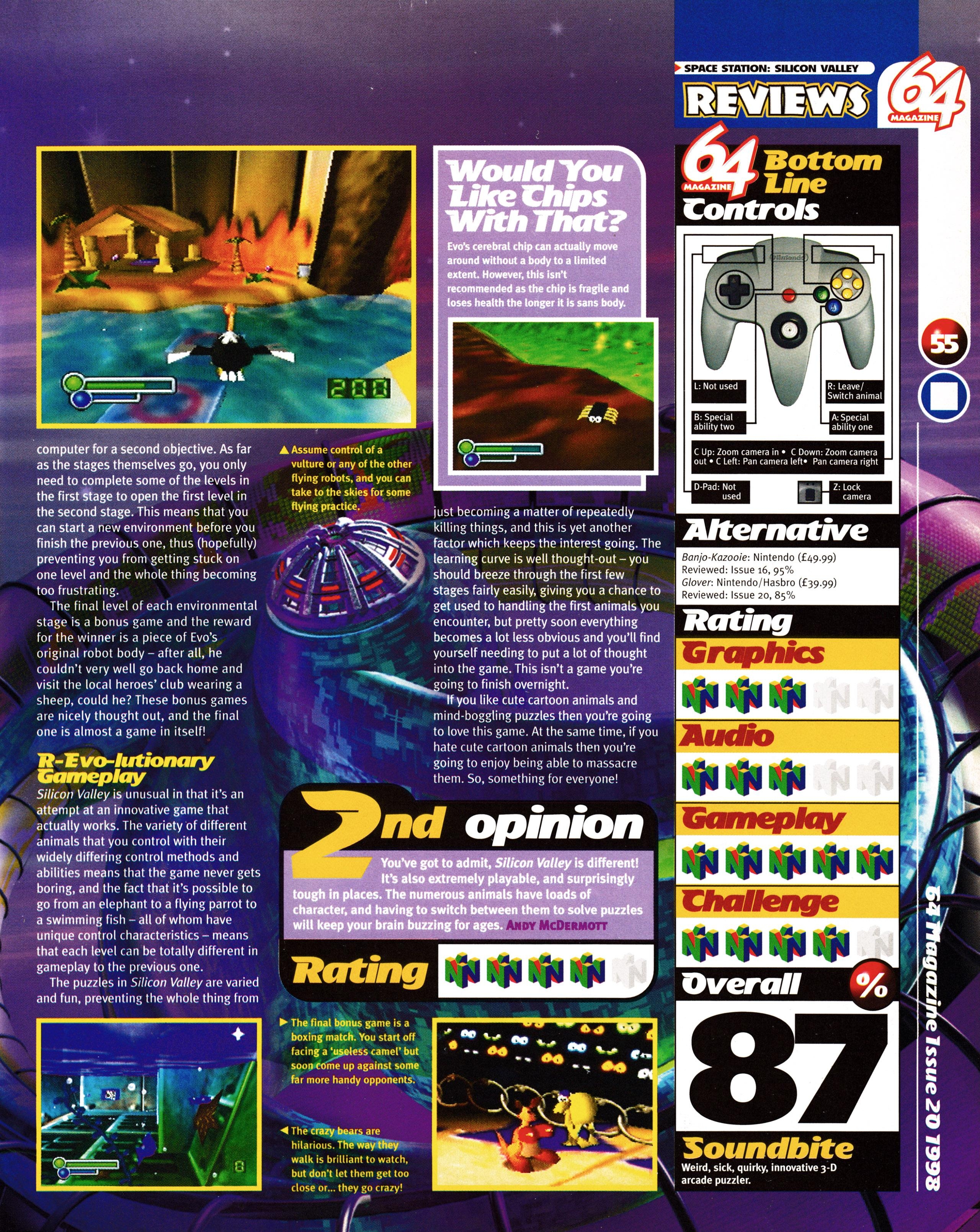 Review for Space Station Silicon Valley on Nintendo 64 from 64 Magazine 20 - December 1998 (UK)  score: 87%