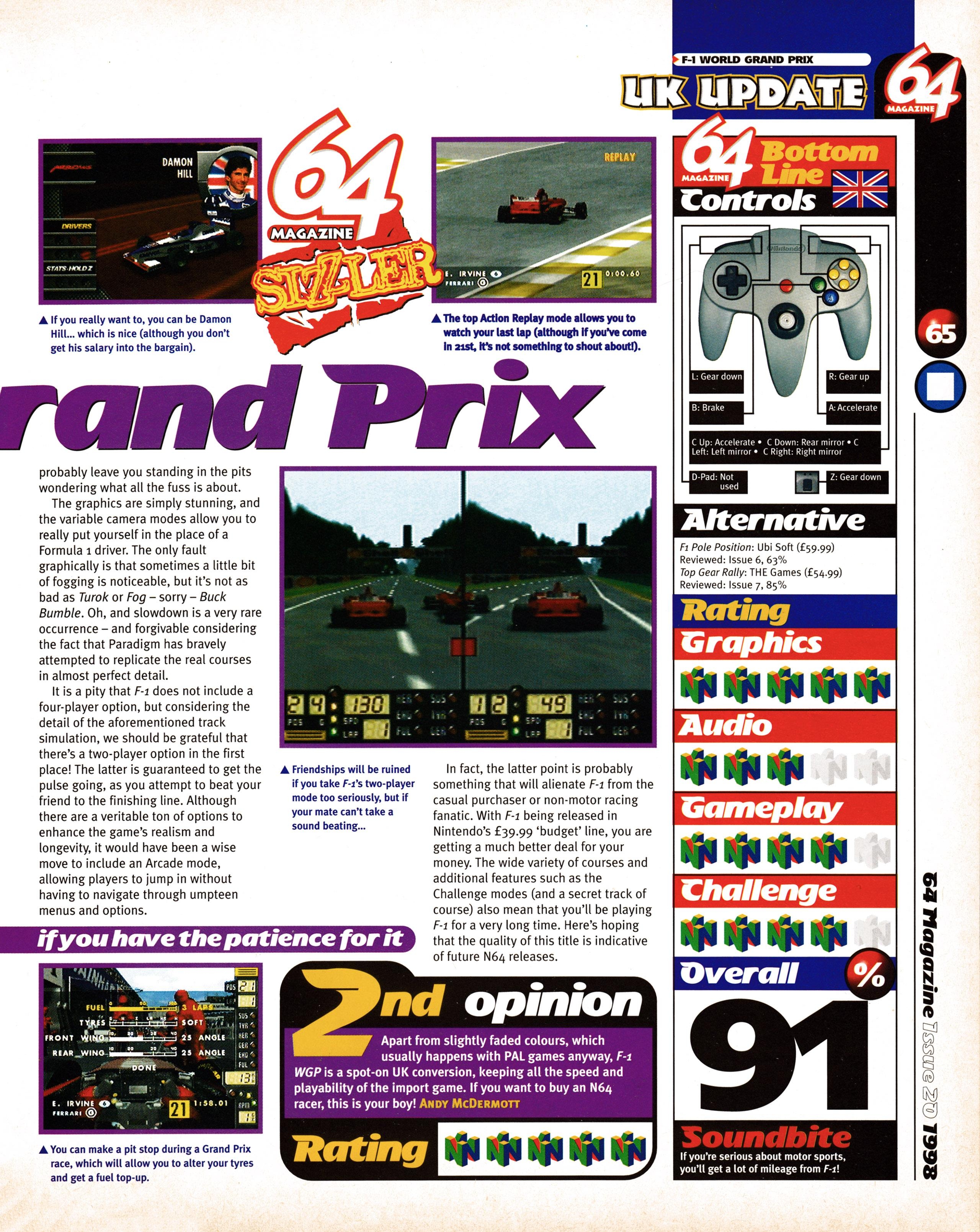 Review for F-1 World Grand Prix on Nintendo 64 from 64 Magazine 20 - December 1998 (UK)  score: 91%