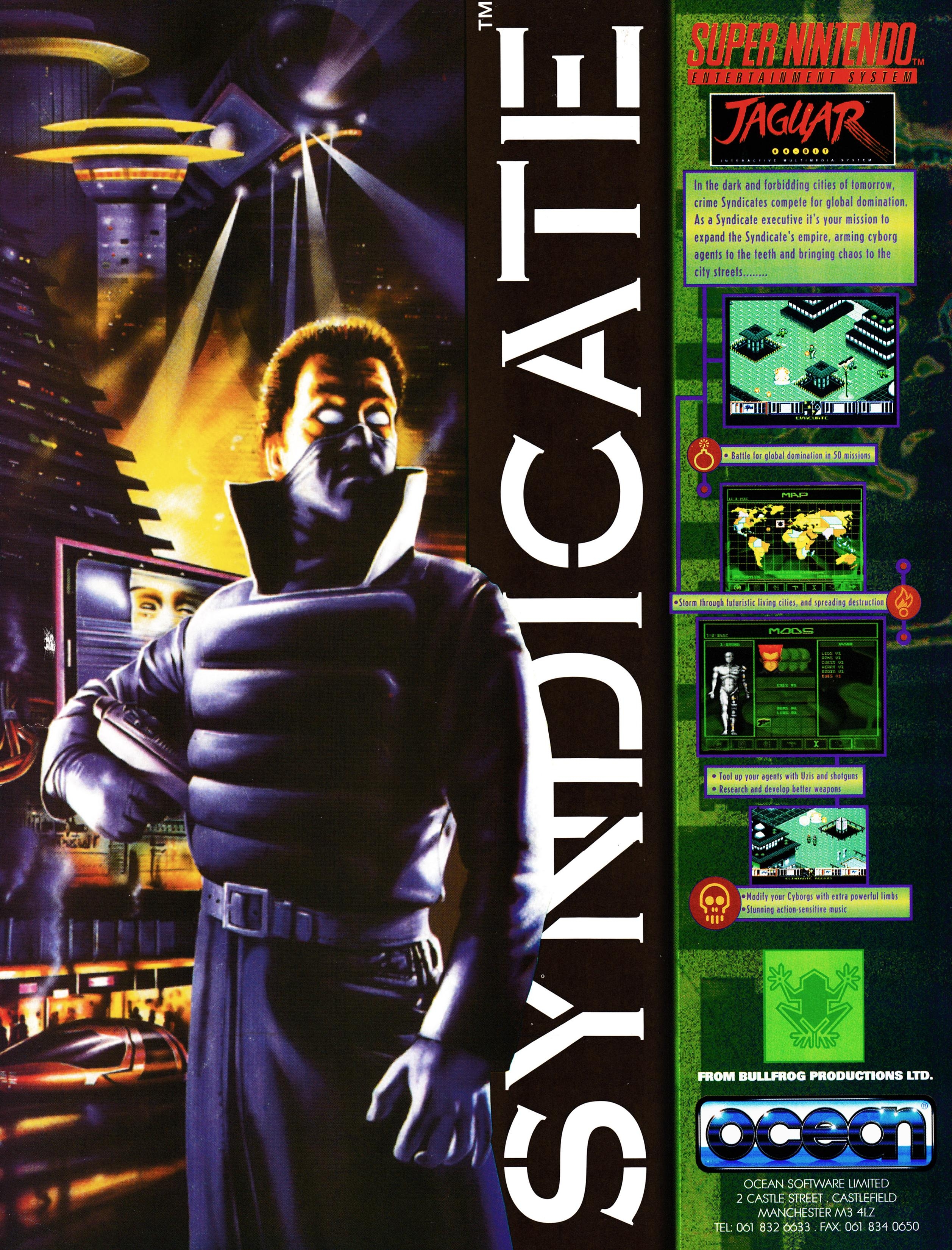 Back cover for Nintendo Magazine System 26 - November 1994 (UK), featuring an advertisement for Syndicate on Super Nintendo and Atari Jaguar 