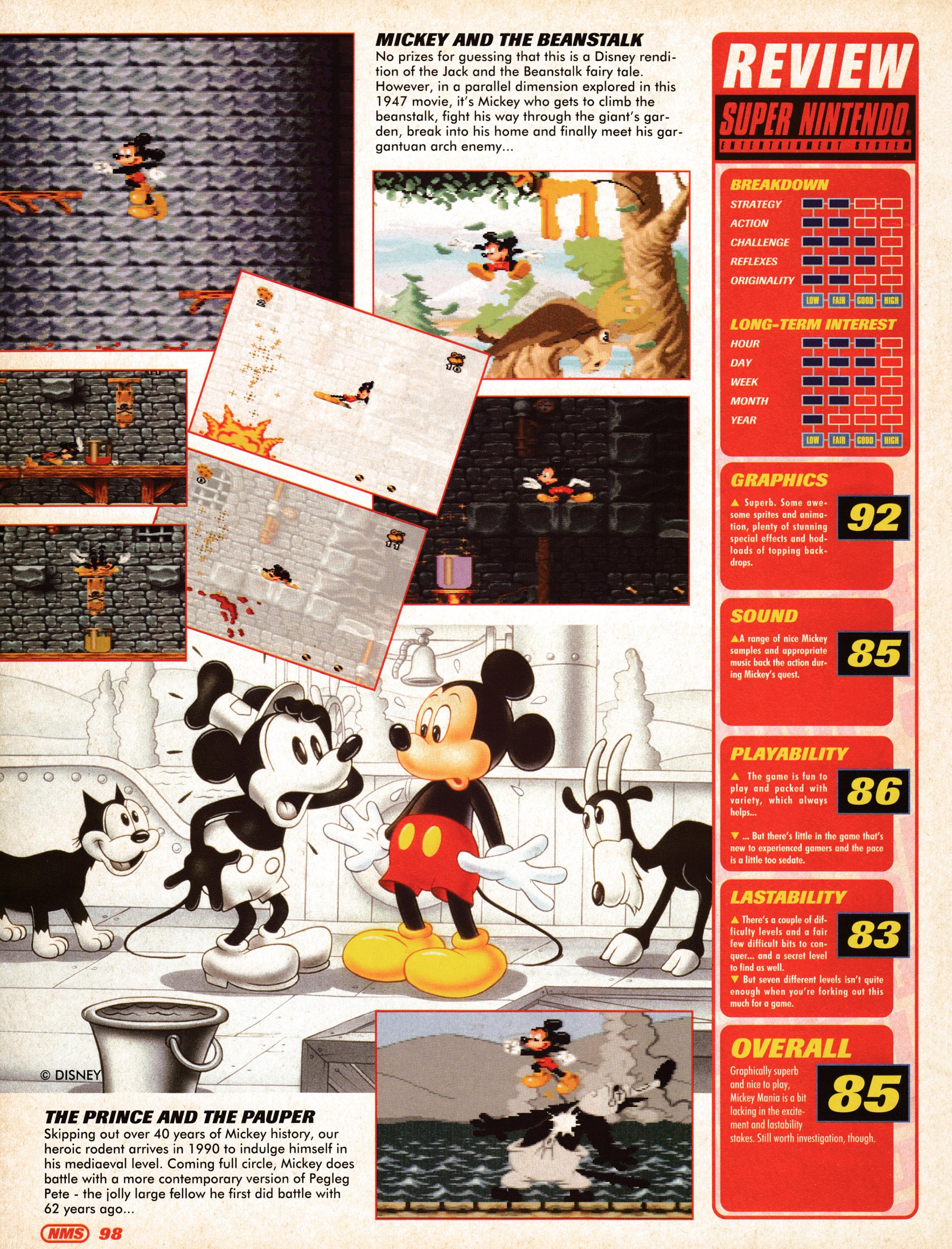 Review for Mickey Mania on Super Nintendo. Taken from Nintendo Magazine System 26 - November 1994 (UK)  score: 85%