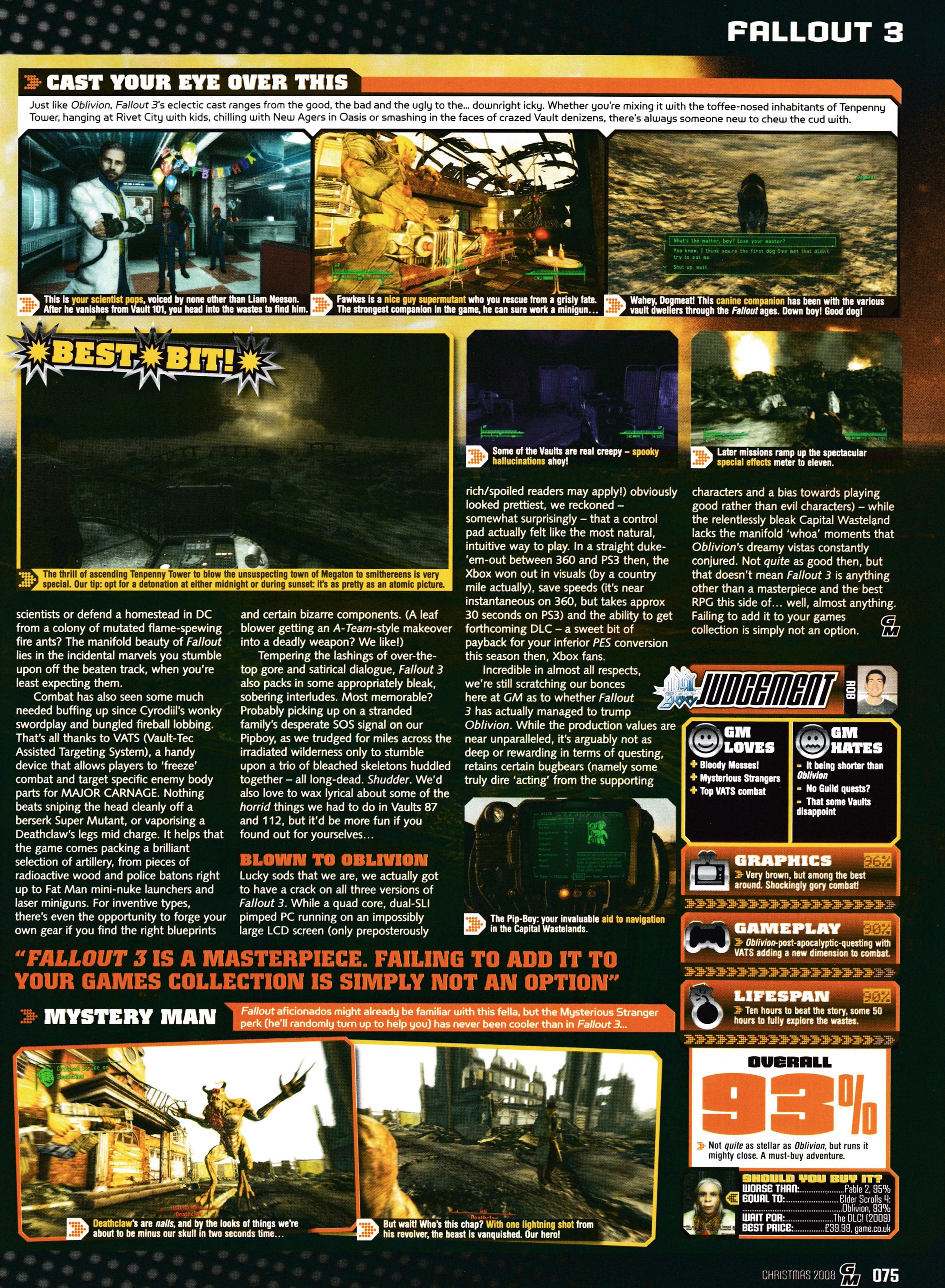 Review for Fallout 3 on Xbox 360. Taken from GamesMaster 206 - Christmas 2008 (UK)   score: 93%