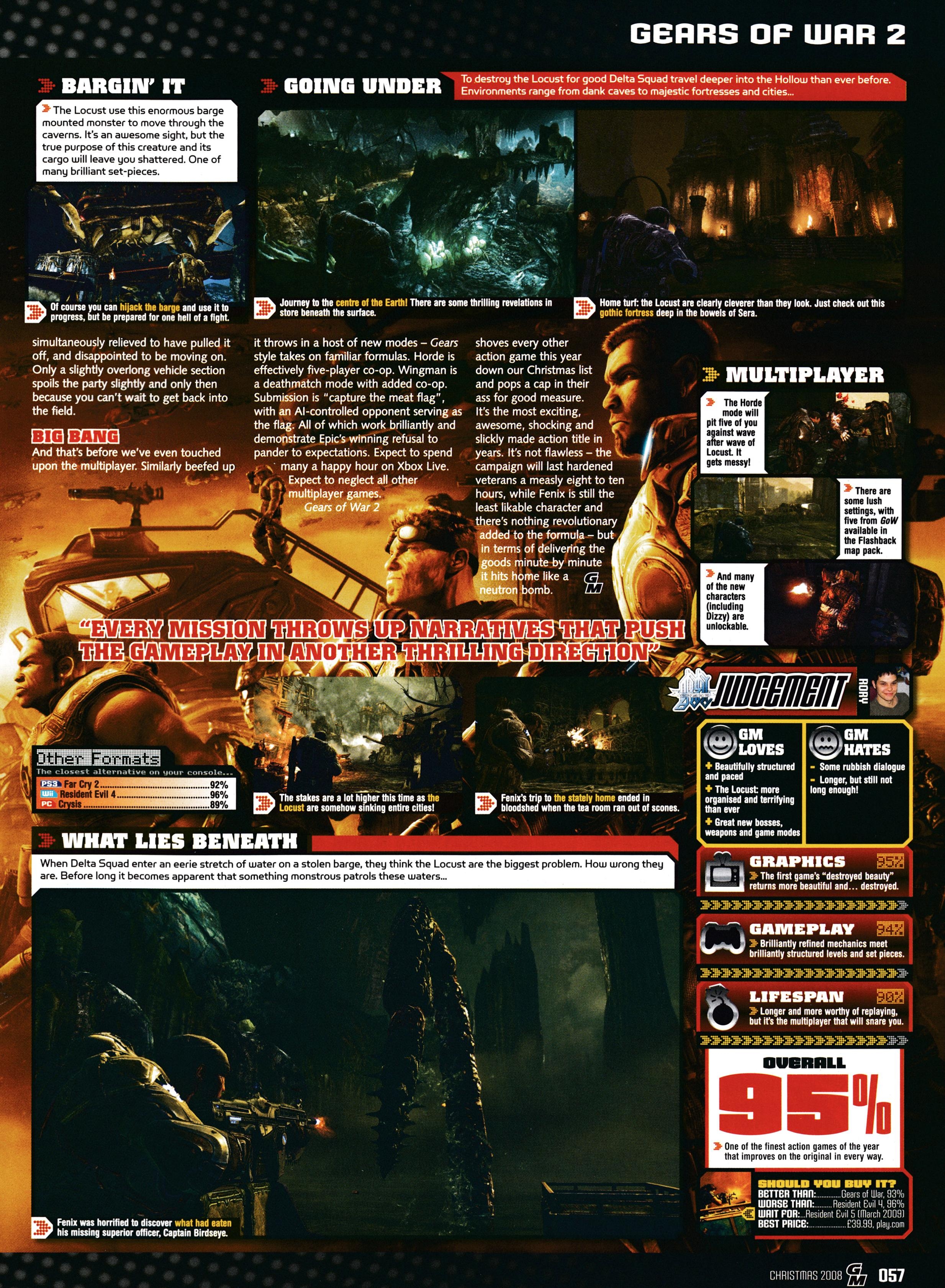 Review for Gears of War 2 on Xbox 360. Taken from GamesMaster 206 - Christmas 2008 (UK)   score: 95%