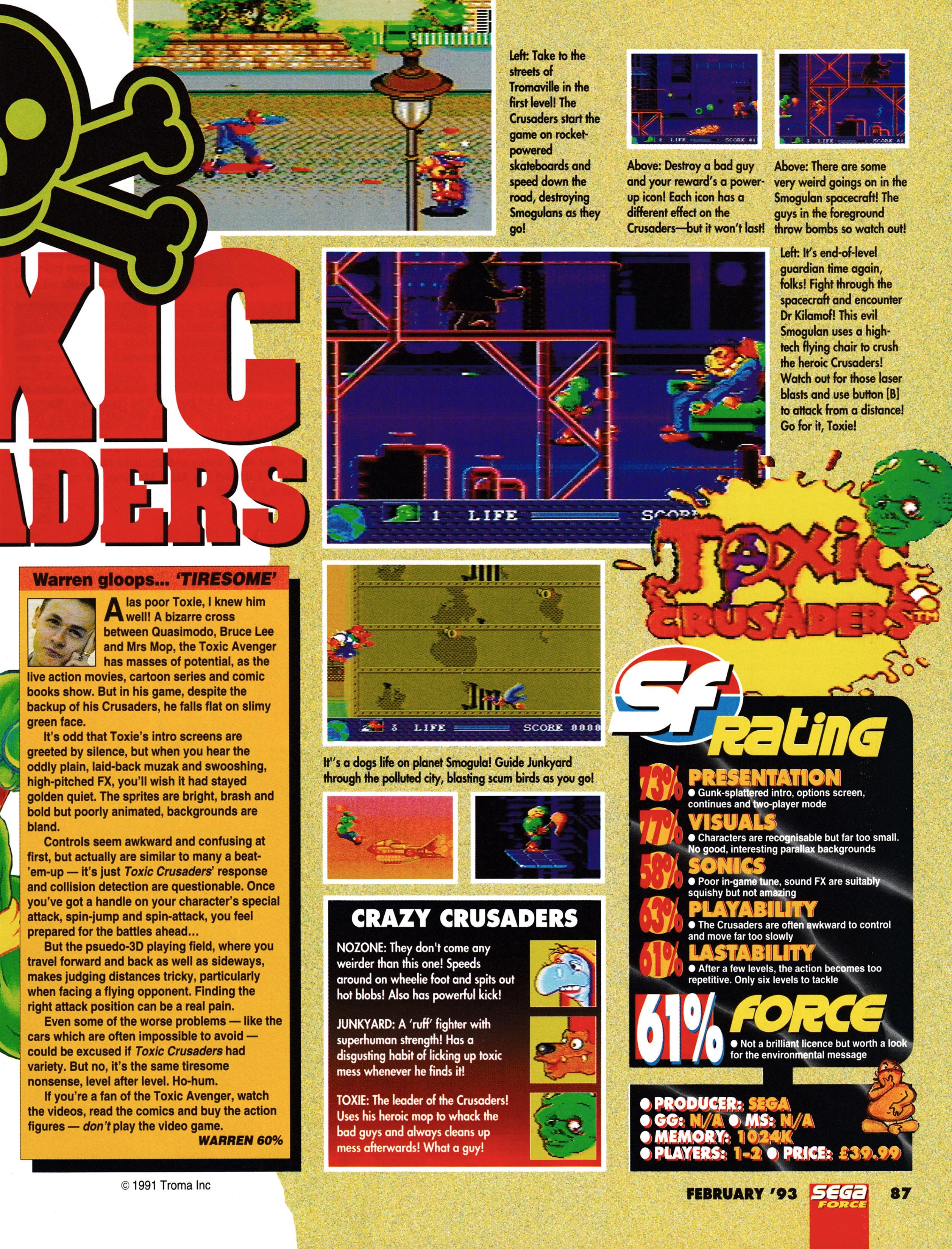 Review for Toxic Crusader on Mega Drive from Sega Force 14 - February 1993 (UK)   score: 61%