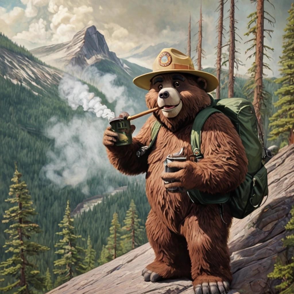 Image with seed 3643778561 generated via Stable Diffusion through @stablehorde@sigmoid.social. Prompt: Smokey the Bear getting high as hell on a mountain