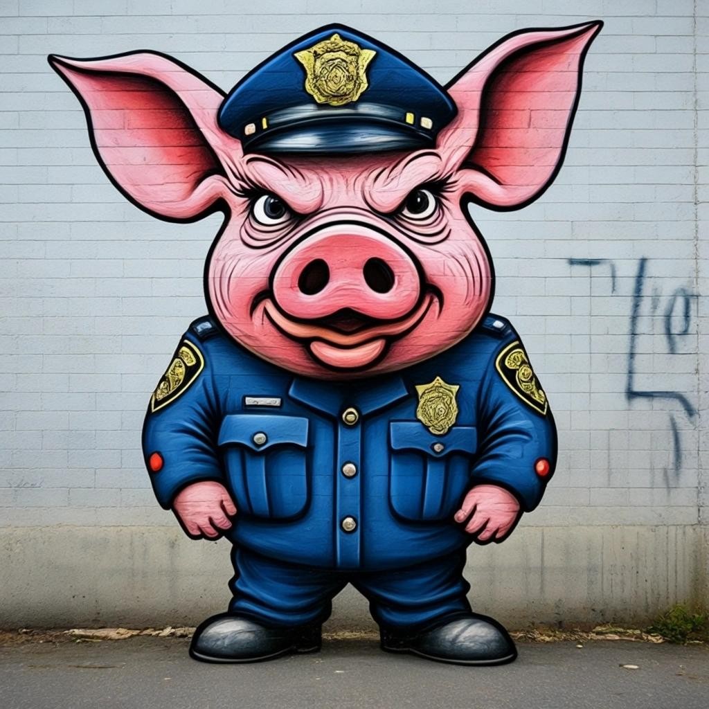 Image with seed 3701815096 generated via Stable Diffusion through @stablehorde@sigmoid.social. Prompt: Graffiti of an ugly anthropomorphic pig wearing a police uniform, angry, aggressive, brutal 