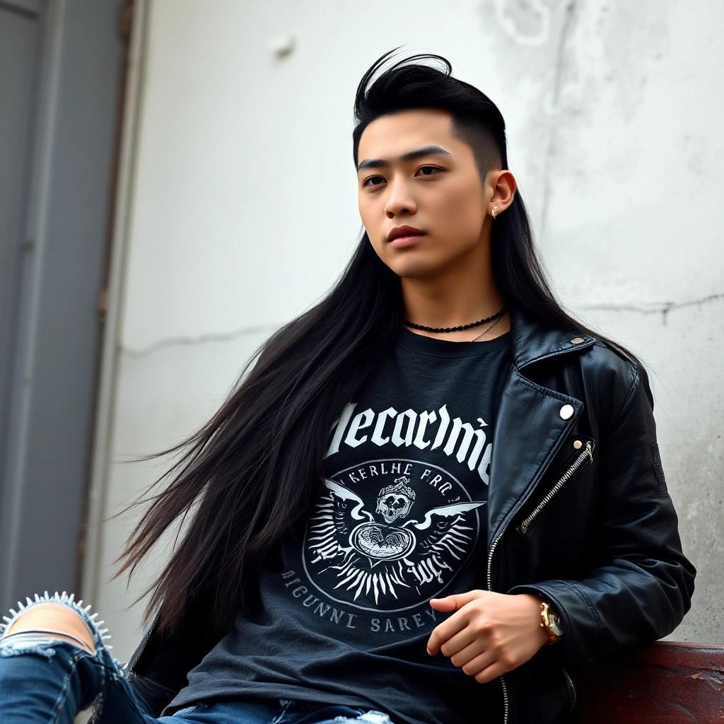 Image with seed 350285454 generated via Stable Diffusion through @stablehorde@sigmoid.social. Prompt: handsome young Chinese man with very long hair, metalhead, ripped jeans, band logo t-shirt, leather jacket, beautiful face, earring