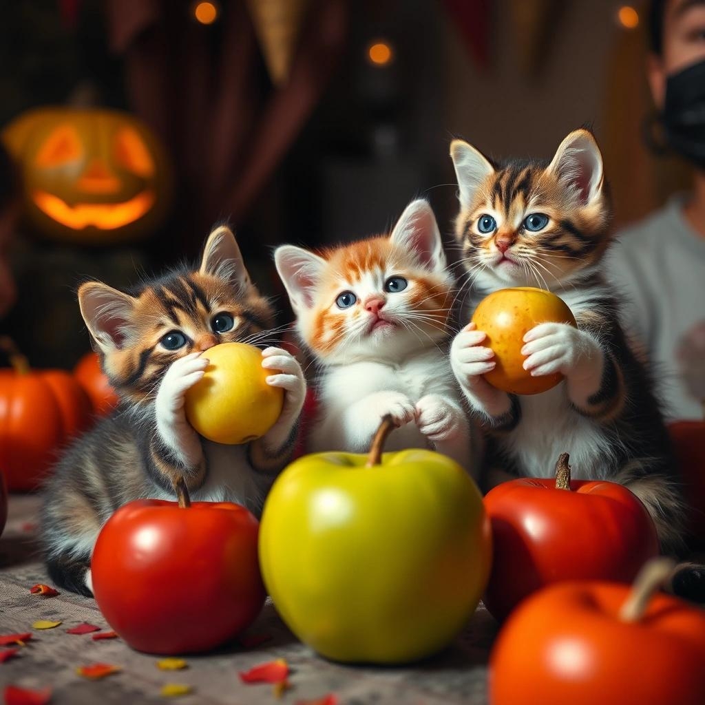 Image with seed 3314049391 generated via Stable Diffusion through @stablehorde@sigmoid.social. Prompt: kittens bobbing for apples at a Halloween party