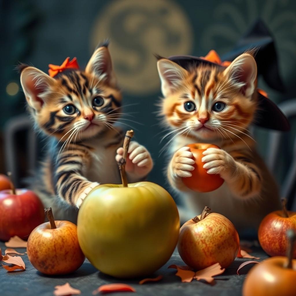 Image with seed 2511468067 generated via Stable Diffusion through @stablehorde@sigmoid.social. Prompt: kittens bobbing for apples at a Halloween party