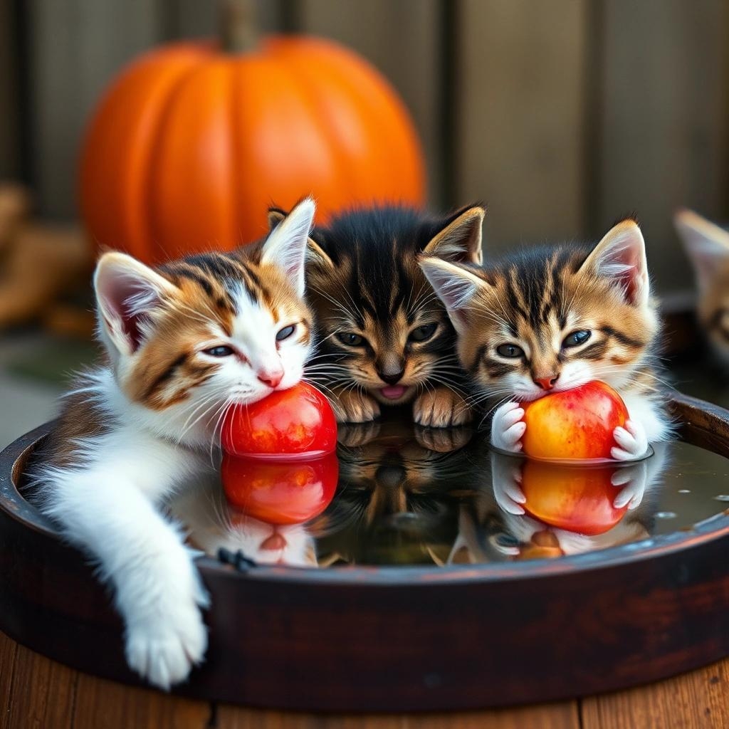 Image with seed 4112826562 generated via Stable Diffusion through @stablehorde@sigmoid.social. Prompt: kittens leaning over a barrel of water, kittens biting at apples floating on the surface of the water, kittens celebrating Halloween, kittens catching apples in their mouths