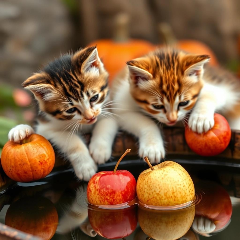 Image with seed 4112826562 generated via Stable Diffusion through @stablehorde@sigmoid.social. Prompt: kittens leaning over a barrel of water, kittens biting at apples floating on the surface of the water, kittens celebrating Halloween, kittens catching apples in their mouths