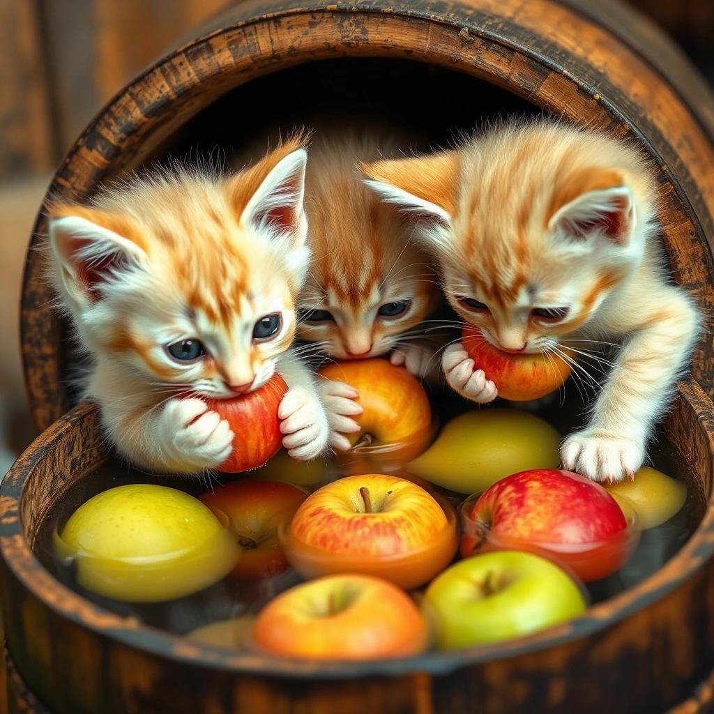 Image with seed 3967856984 generated via Stable Diffusion through @stablehorde@sigmoid.social. Prompt: kittens gripping apples in kittens' teeth, kittens peering into a barrel of water, kittens fetching apples from the barrel of water