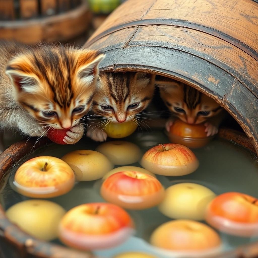 Image with seed 1418282593 generated via Stable Diffusion through @stablehorde@sigmoid.social. Prompt: kittens gripping apples in kittens' teeth, kittens peering into a barrel of water, kittens fetching apples from the barrel of water