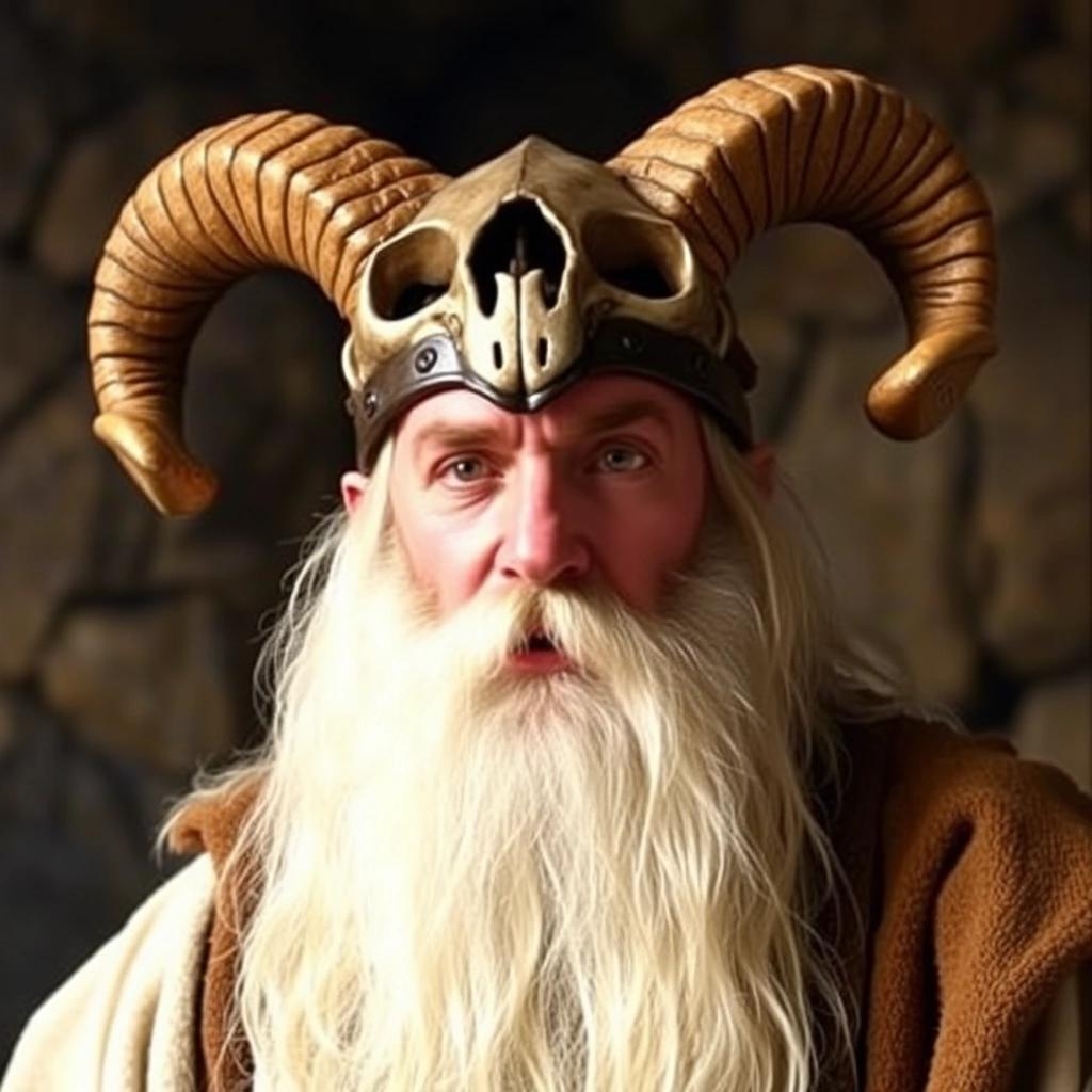 Image with seed 1012500012 generated via Stable Diffusion through @stablehorde@sigmoid.social. Prompt: Tim the Enchanter from Monty Python and the Holy Grail, long white goatee, wearing a skullcap with ram's horns