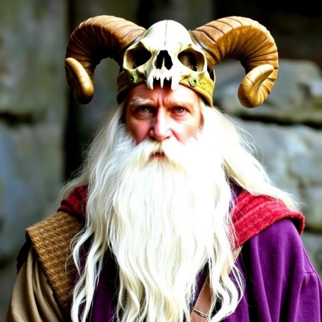 Image with seed 1012500012 generated via Stable Diffusion through @stablehorde@sigmoid.social. Prompt: Tim the Enchanter from Monty Python and the Holy Grail, long white goatee, wearing a skullcap with ram's horns