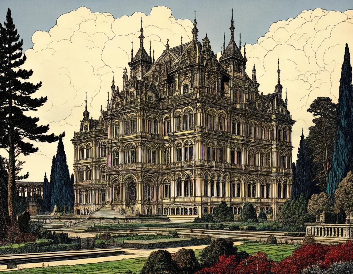 Image with seed 84929515 generated via Stable Diffusion through @stablehorde@sigmoid.social. Prompt: High Elven Royal Palace seen from the garden, many windows, landscaped garden, trees, swirling clouds, style by Ivan Bilibin, by Giovanni Battista Piranesi, by Robert Hubert, by Harry Clarke, by Walter Crane, intricate detailed, colored 