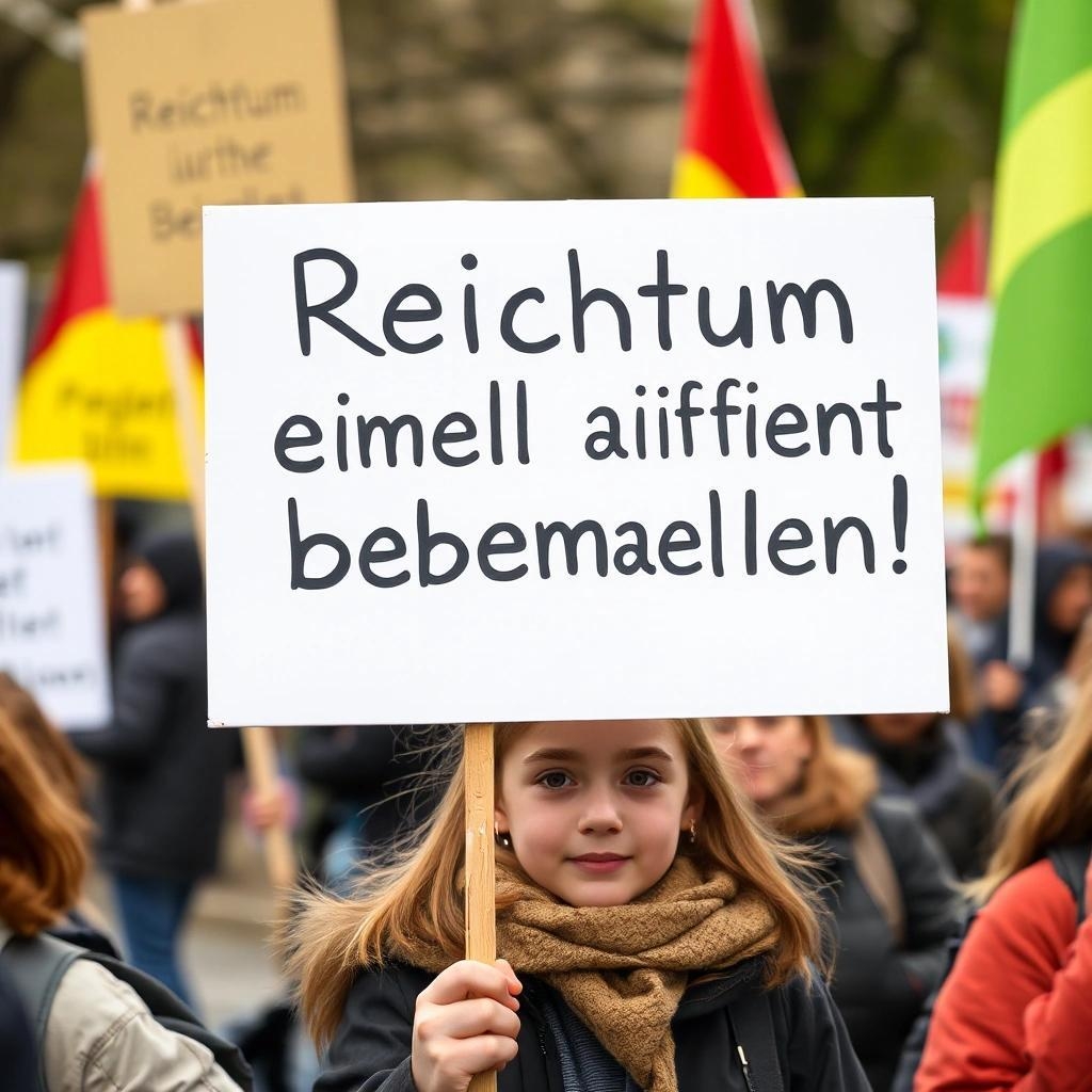 Image with seed 3288186149 generated via Stable Diffusion through @stablehorde@sigmoid.social. Prompt: a girl at a protest march holding a sign that says, "Reichtum endlich wirksam bekämpfen!"