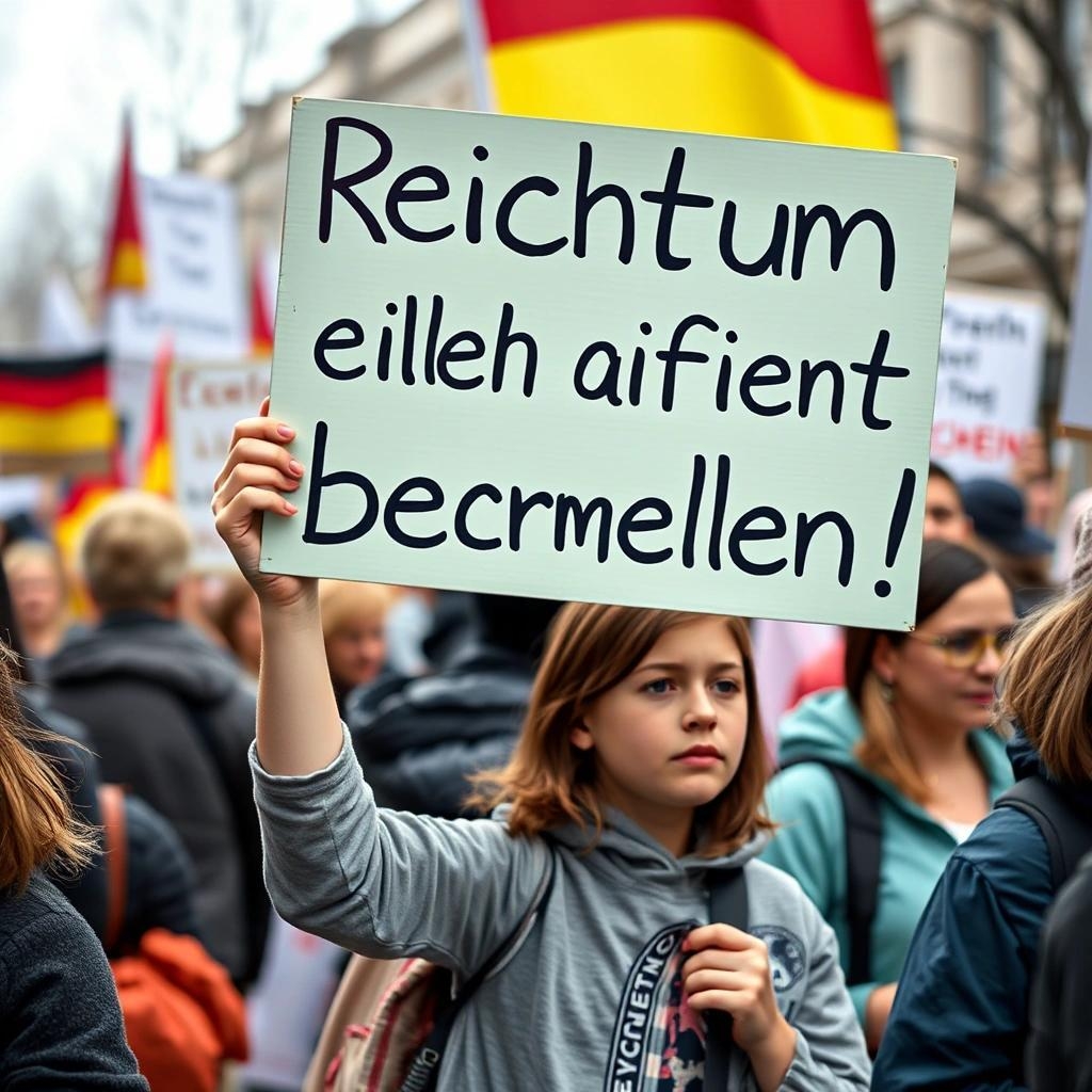 Image with seed 3288186149 generated via Stable Diffusion through @stablehorde@sigmoid.social. Prompt: a girl at a protest march holding a sign that says, "Reichtum endlich wirksam bekämpfen!"