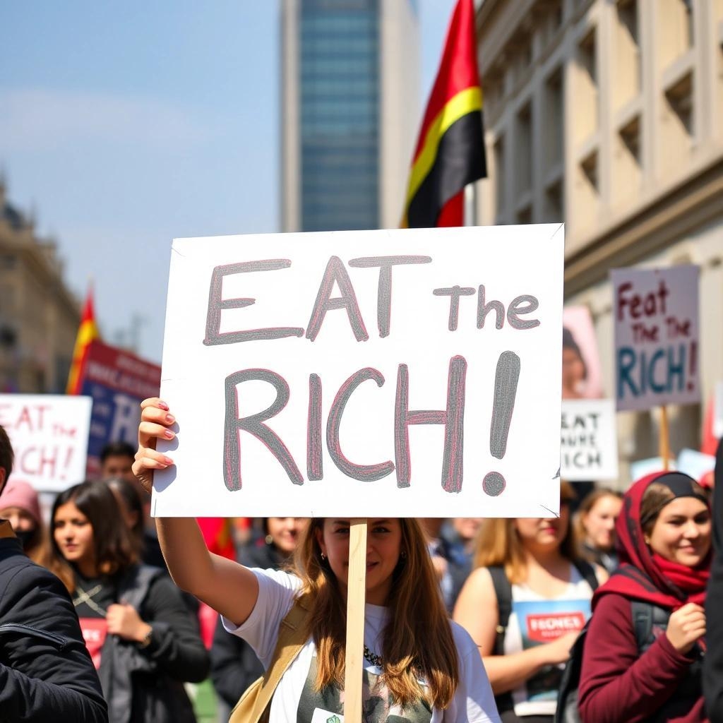 Image with seed 2865321140 generated via Stable Diffusion through @stablehorde@sigmoid.social. Prompt: a girl at a radical leftist protest march holding a sign that says, "Eat the Rich!"