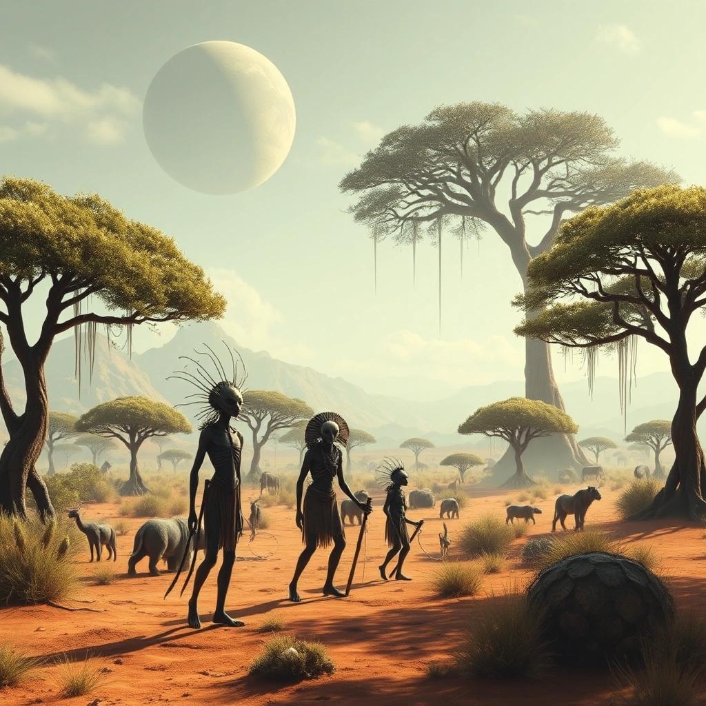 Image with seed 1514349294 generated via Stable Diffusion through @stablehorde@sigmoid.social. Prompt: primitive humanoid alien tribe in an alien savannah landscape on an alien planet filled with strange alien trees and strange alien animals