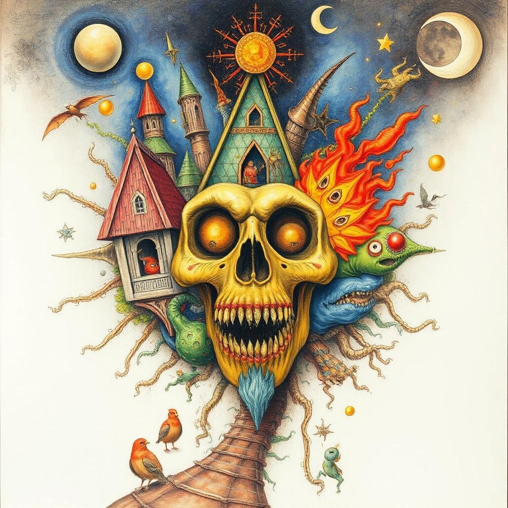 Image with seed 1744403317 generated via Stable Diffusion through @stablehorde@sigmoid.social. Prompt: I am Chaos, and I am alive, and I tell you that you are absolutely free. extremely detailed fantasy high detail colourful Jacek Yerka pencil sketch SALVADOR DALI Surrealism Hieronymus Bosch Weird whimsical