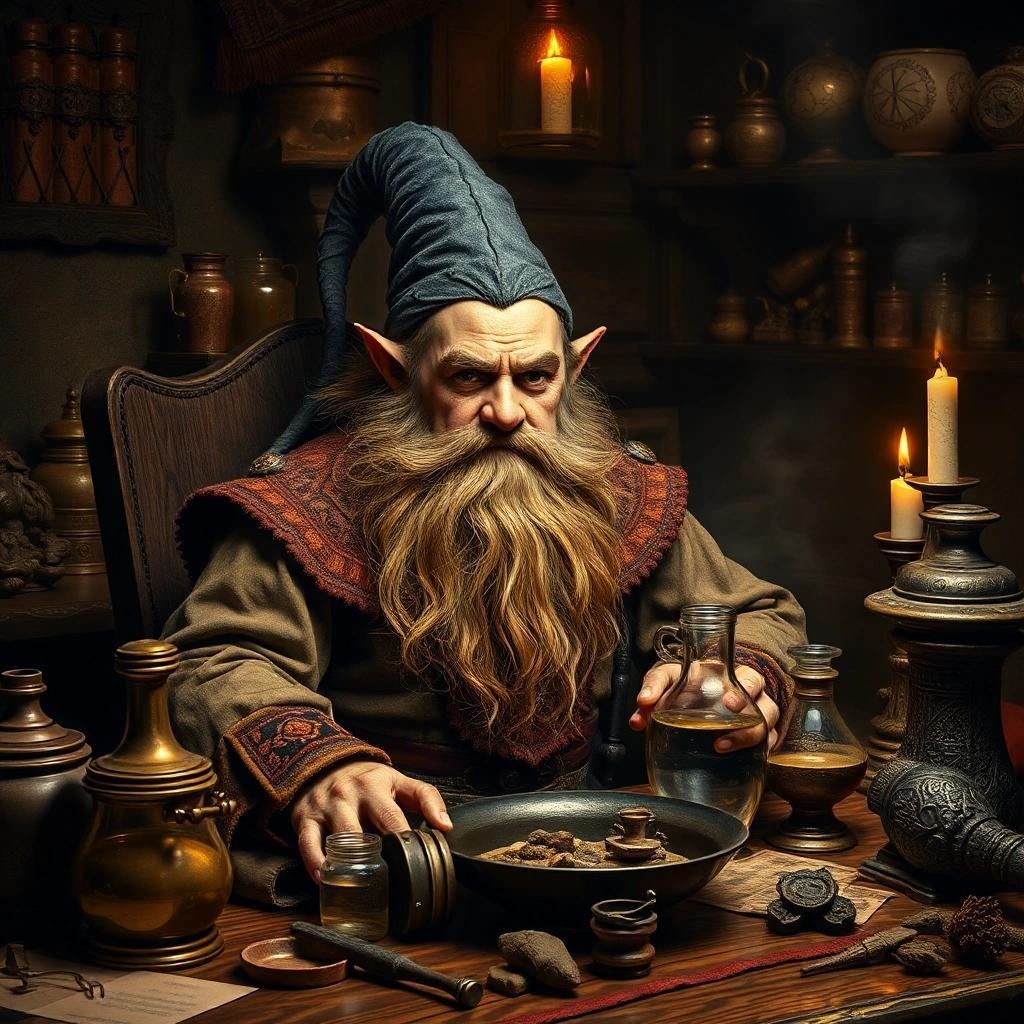 Image with seed 4126790675 generated via Stable Diffusion through @stablehorde@sigmoid.social. Prompt: a Dwarven alchemist sitting at his table, alchemist materials and equipment in the style of baroque and Rembrandt, Rembrandt lighting, interesting dramatic pose, highly detailed hyper-realistic photo-realistic