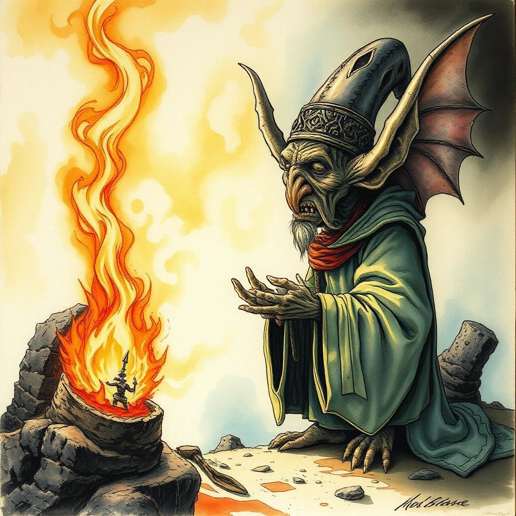 Image with seed 4131238788 generated via Stable Diffusion through @stablehorde@sigmoid.social. Prompt: A goblin priest sings an ancient prayer to a very old god long forgotten by humans, Jean-Baptiste Monge style, surreal, a masterpiece, razor-sharp focus, dynamic lighting, watercolor and ink