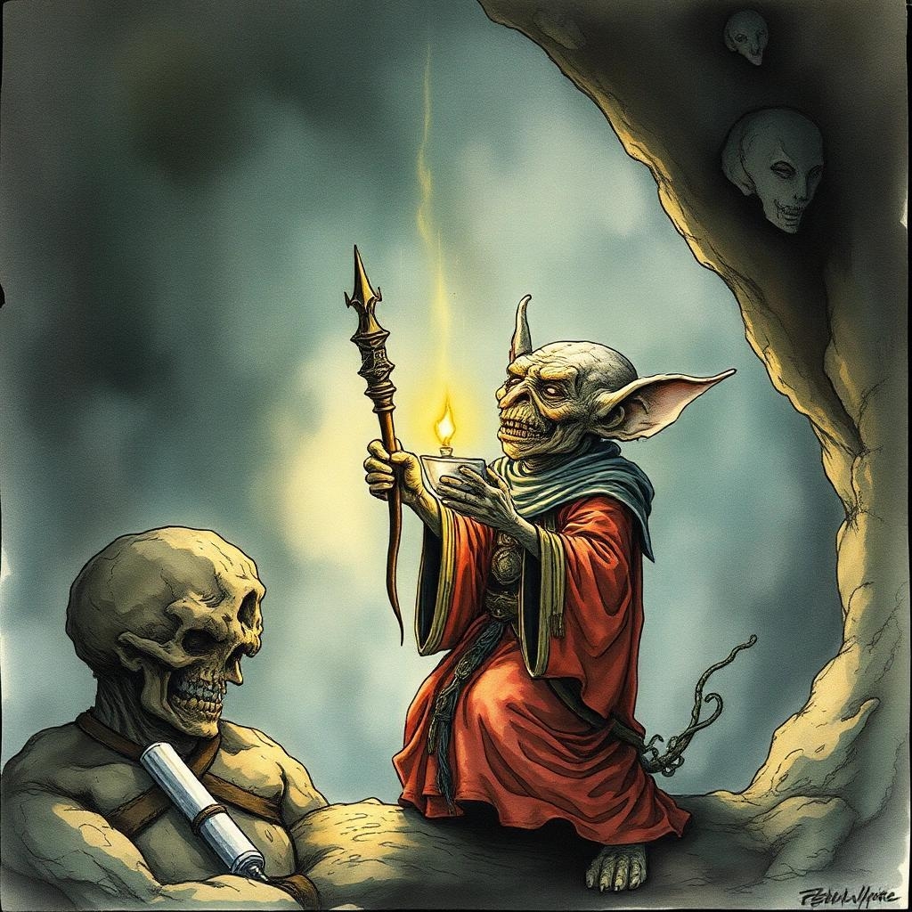 Image with seed 4131238788 generated via Stable Diffusion through @stablehorde@sigmoid.social. Prompt: A goblin priest sings an ancient prayer to a very old god long forgotten by humans, Jean-Baptiste Monge style, surreal, a masterpiece, razor-sharp focus, dynamic lighting, watercolor and ink