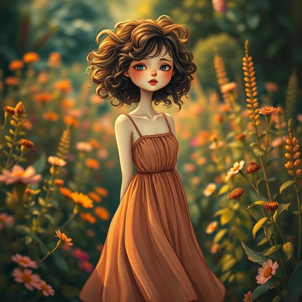 Image with seed 323303397 generated via Stable Diffusion through @stablehorde@sigmoid.social. Prompt: A whimsical woman with curly, tousled hair, wearing a flowing sundress, stands in a lush, vibrant garden. The atmosphere is dreamy and surreal, with soft focus and warm, golden lighting. Inspired by the emotive and figurative styles of Audrey Kawasaki, the expressive brushstrokes of Ash Thorp, and the delicate, ethereal qualities of Kinuko Y. Craft, with intricate textures and patterns reminiscent of vintage illustrations.