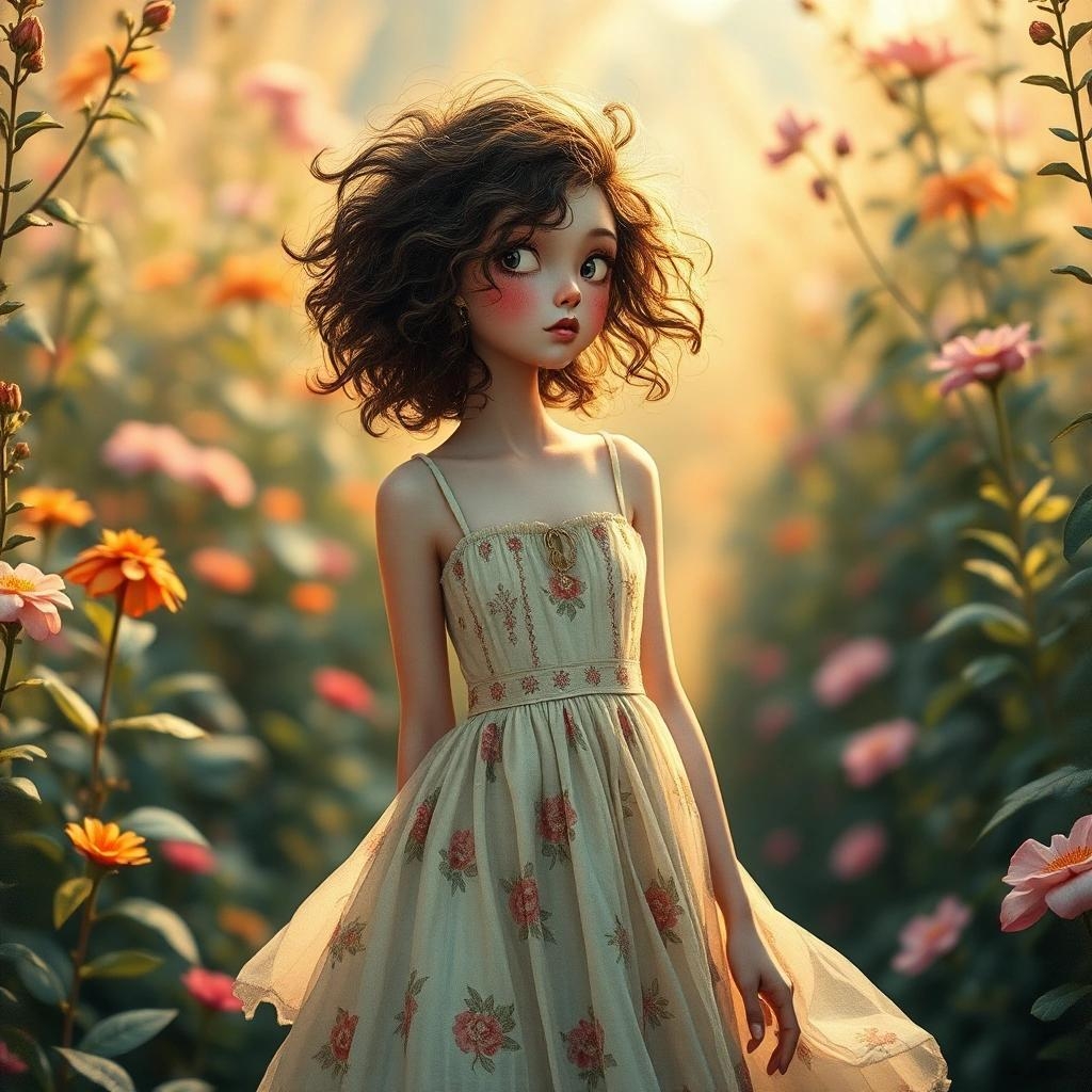 Image with seed 323303397 generated via Stable Diffusion through @stablehorde@sigmoid.social. Prompt: A whimsical woman with curly, tousled hair, wearing a flowing sundress, stands in a lush, vibrant garden. The atmosphere is dreamy and surreal, with soft focus and warm, golden lighting. Inspired by the emotive and figurative styles of Audrey Kawasaki, the expressive brushstrokes of Ash Thorp, and the delicate, ethereal qualities of Kinuko Y. Craft, with intricate textures and patterns reminiscent of vintage illustrations.