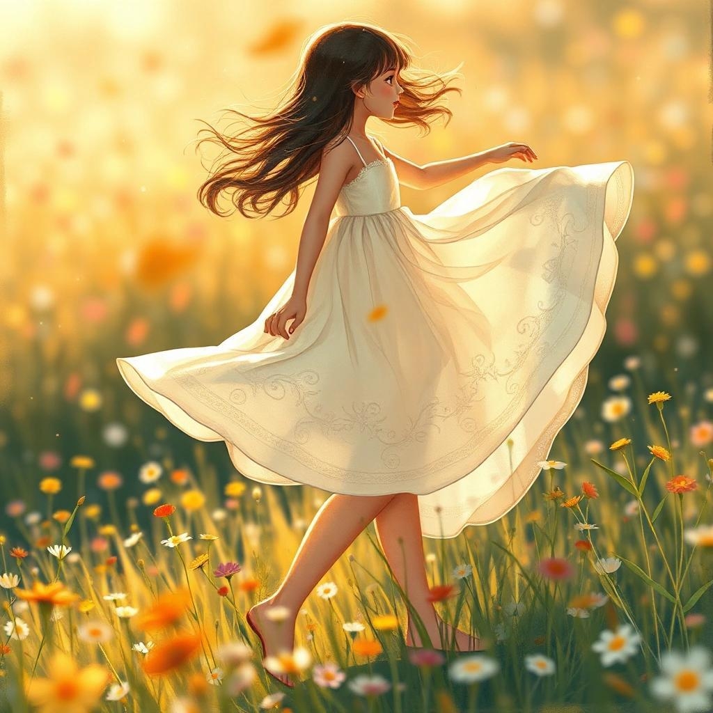 Image with seed 4060598911 generated via Stable Diffusion through @stablehorde@sigmoid.social. Prompt: Whimsical Illustration. Medium shot. A young woman in a flowing sundress spinning around in a field of wildflowers. Close up. Inspired by the style of artists like Hayao Miyazaki and Emily Hughes, with soft brushstrokes and pastel colors. Delicate, swirling patterns on her dress. A scattering of glowing fireflies around her. Warm sunlight filtering through the flowers. Soft focus, shallow depth of field, bokeh, vibrant colors, whimsical, dreamy, intricate details, delicate textures, ethereal atmosphere, expressive brushstrokes, masterfully composed.