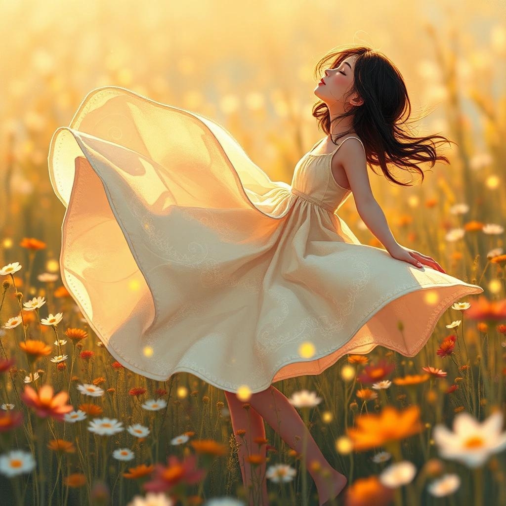 Image with seed 4060598911 generated via Stable Diffusion through @stablehorde@sigmoid.social. Prompt: Whimsical Illustration. Medium shot. A young woman in a flowing sundress spinning around in a field of wildflowers. Close up. Inspired by the style of artists like Hayao Miyazaki and Emily Hughes, with soft brushstrokes and pastel colors. Delicate, swirling patterns on her dress. A scattering of glowing fireflies around her. Warm sunlight filtering through the flowers. Soft focus, shallow depth of field, bokeh, vibrant colors, whimsical, dreamy, intricate details, delicate textures, ethereal atmosphere, expressive brushstrokes, masterfully composed.