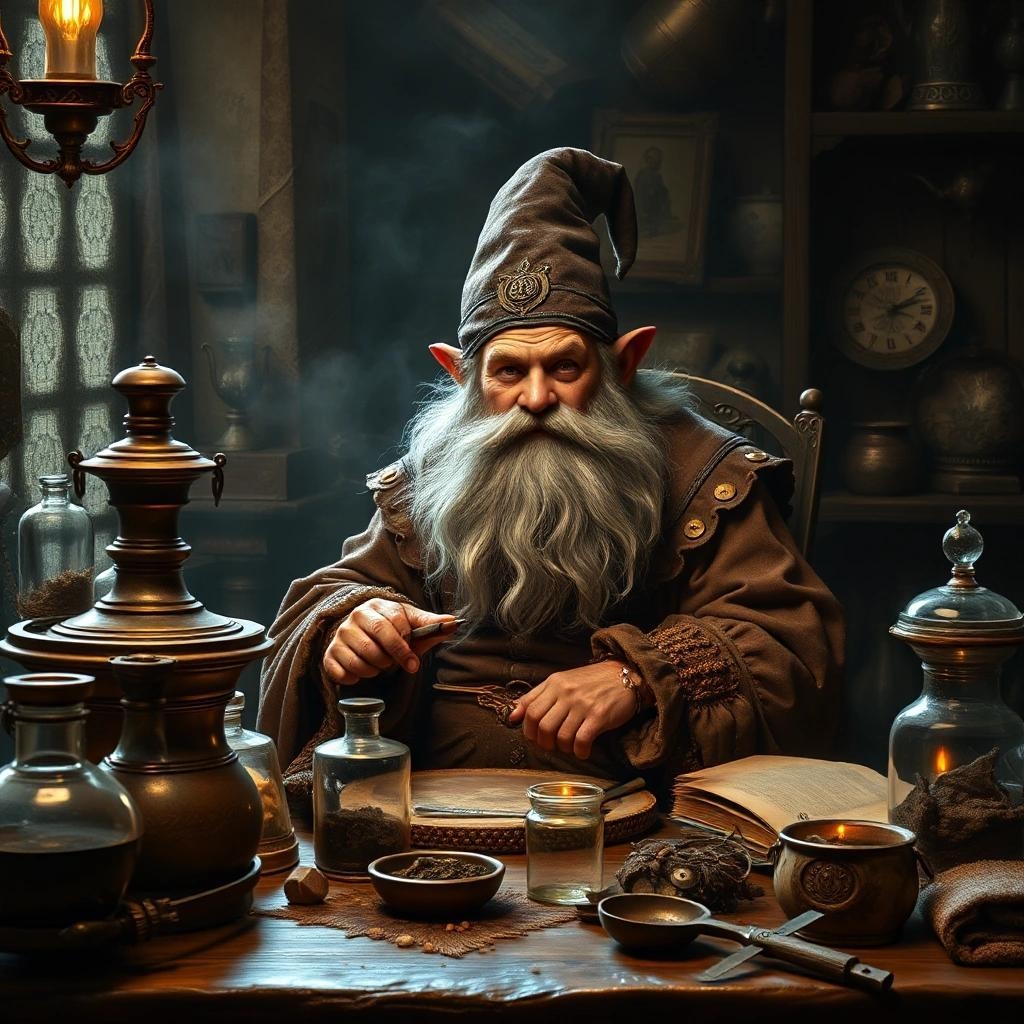 Image with seed 3469152590 generated via Stable Diffusion through @stablehorde@sigmoid.social. Prompt:  a Dwarven alchemist sitting at his table, alchemist materials and equipment in the style of baroque and Rembrandt, Rembrandt lighting, interesting dramatic pose, highly detailed hyper-realistic photo-realistic