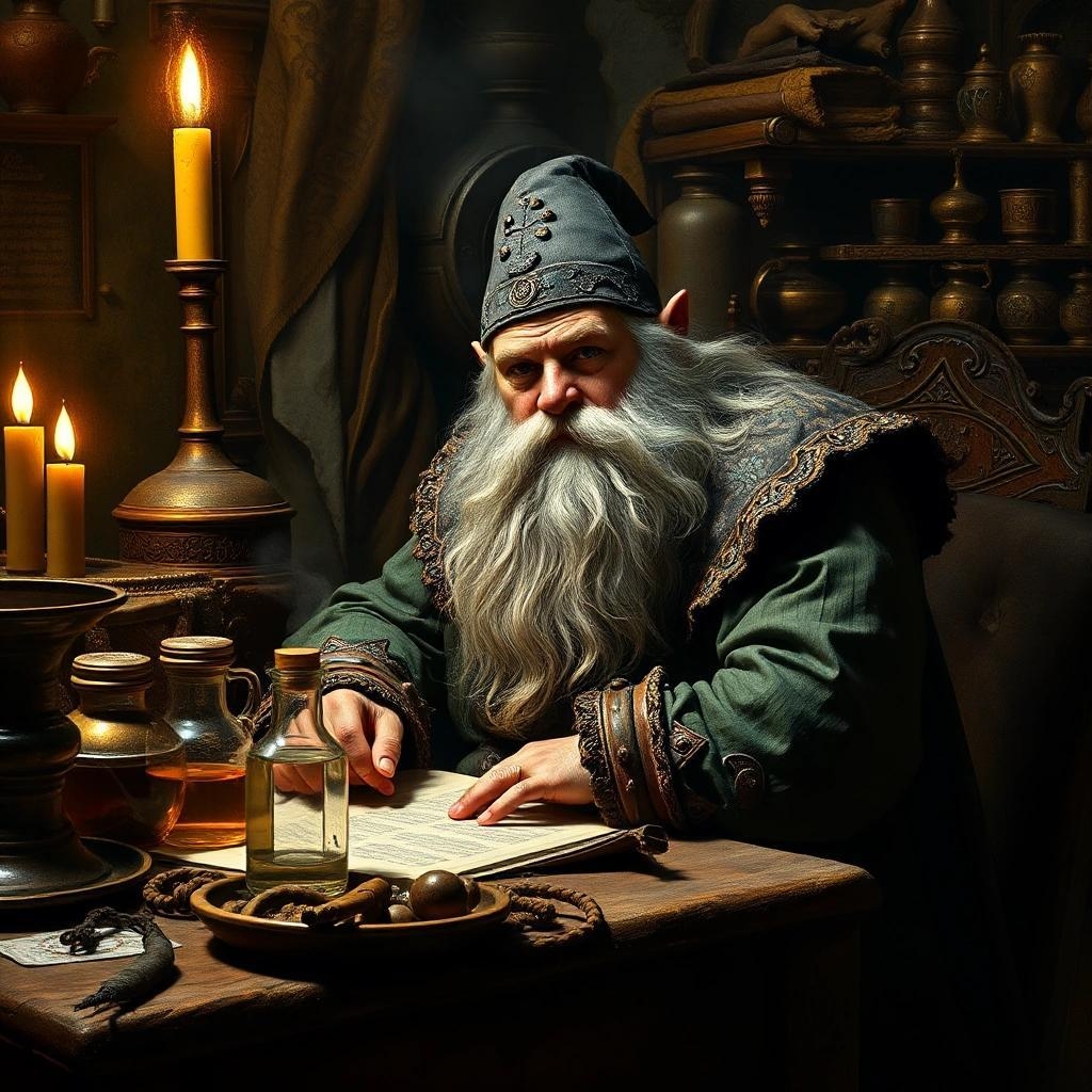 Image with seed 3469152590 generated via Stable Diffusion through @stablehorde@sigmoid.social. Prompt:  a Dwarven alchemist sitting at his table, alchemist materials and equipment in the style of baroque and Rembrandt, Rembrandt lighting, interesting dramatic pose, highly detailed hyper-realistic photo-realistic