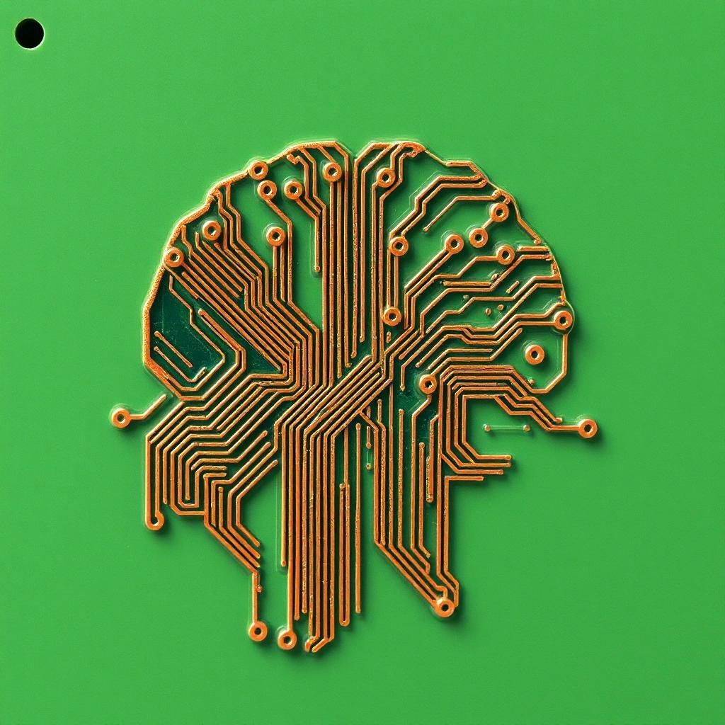 Image with seed 3133963096 generated via Stable Diffusion through @stablehorde@sigmoid.social. Prompt: A printed circuit board with copper leads that are shaped in the outline of a brain in a human head